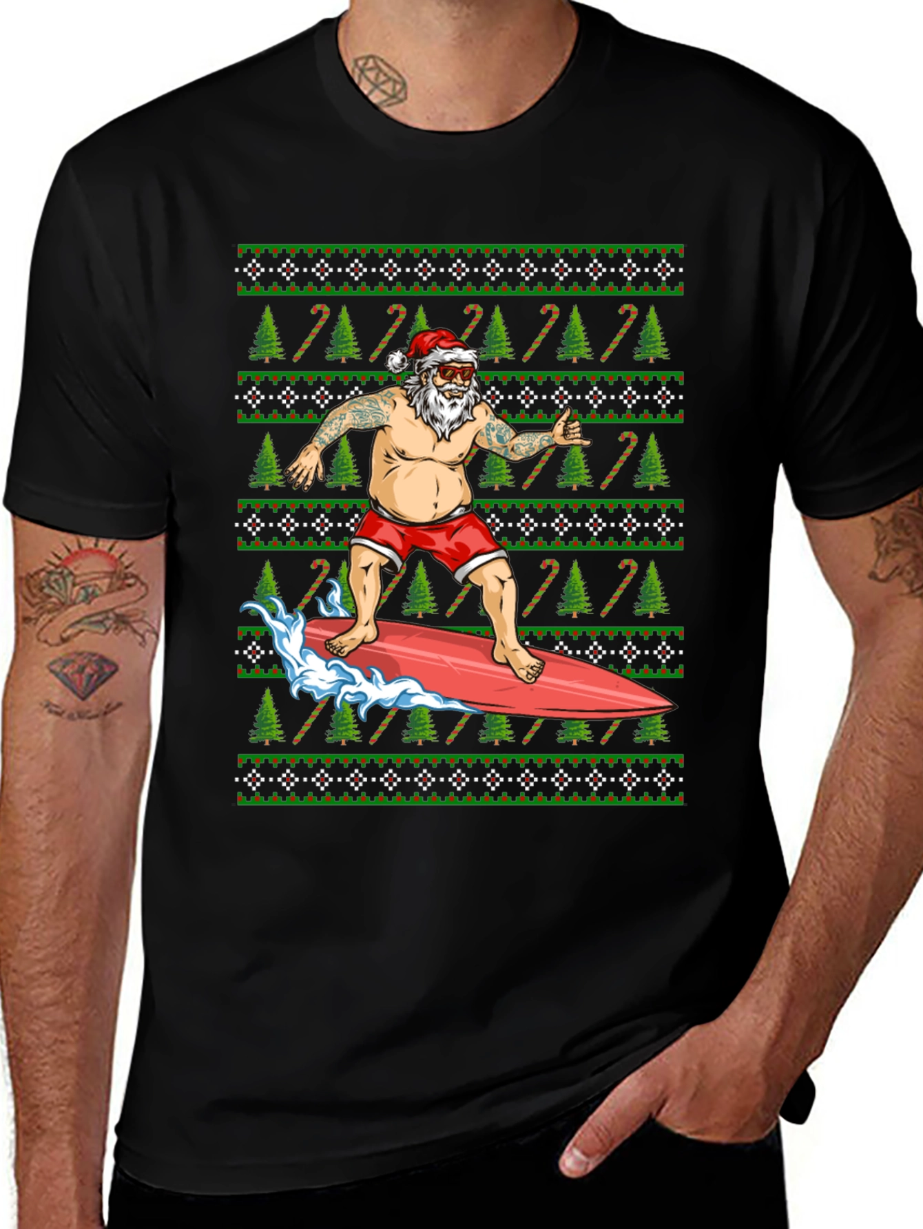 Surfing Santa T-Shirt - Christmas Holiday Tee