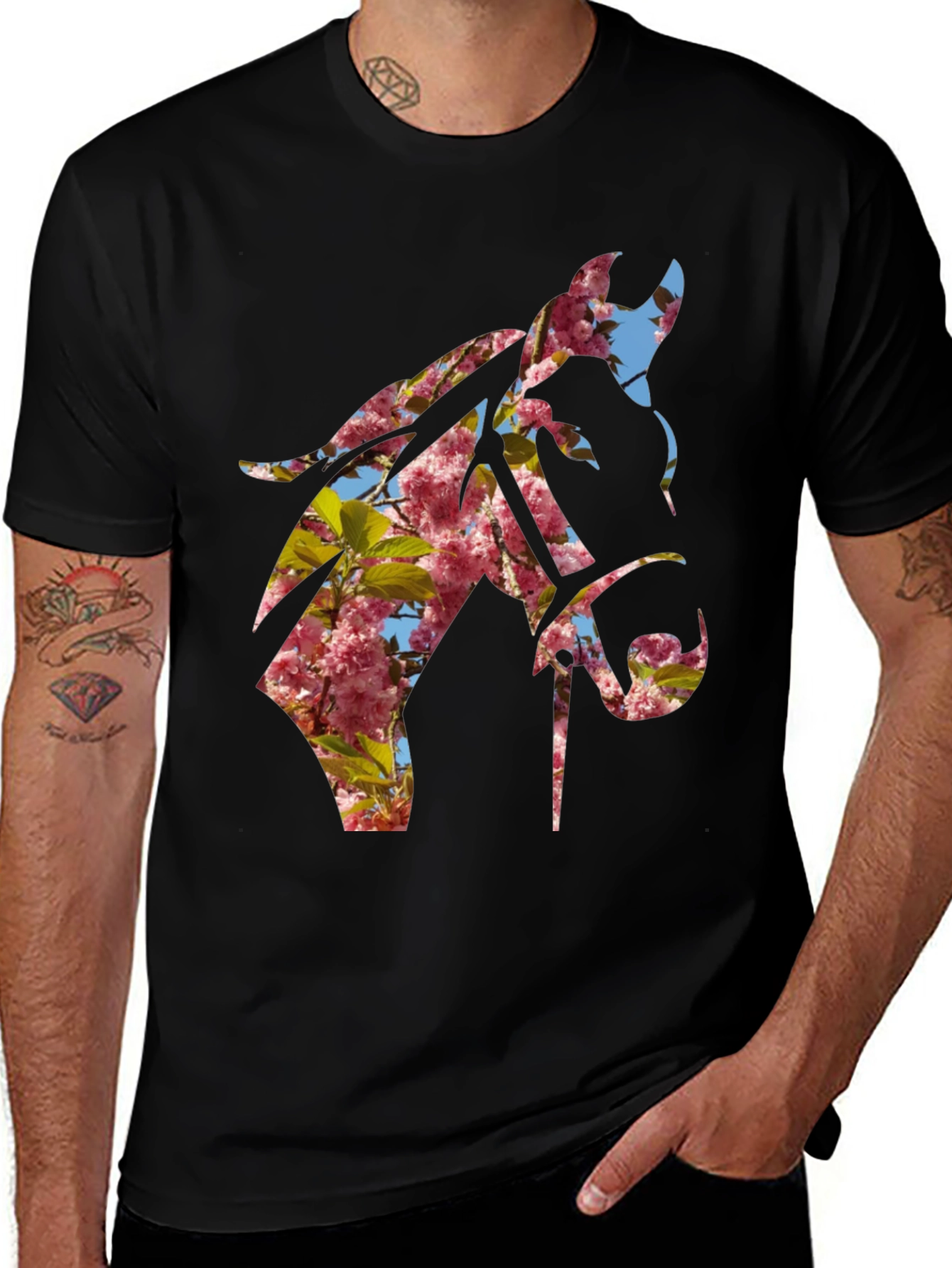 Variant 27 of Floral Horse Silhouette Black T-Shirt - Nature Inspired Design