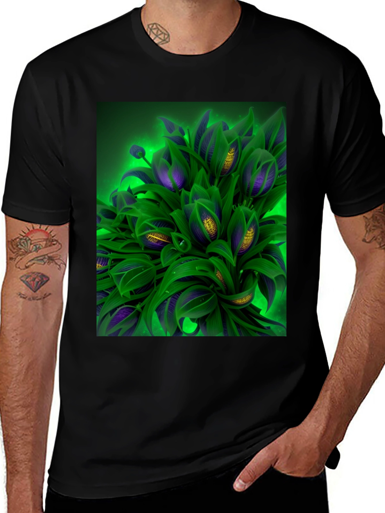 Variant 25 of Floral Graphic Black T-Shirt - Unique Green & Purple Plant Design