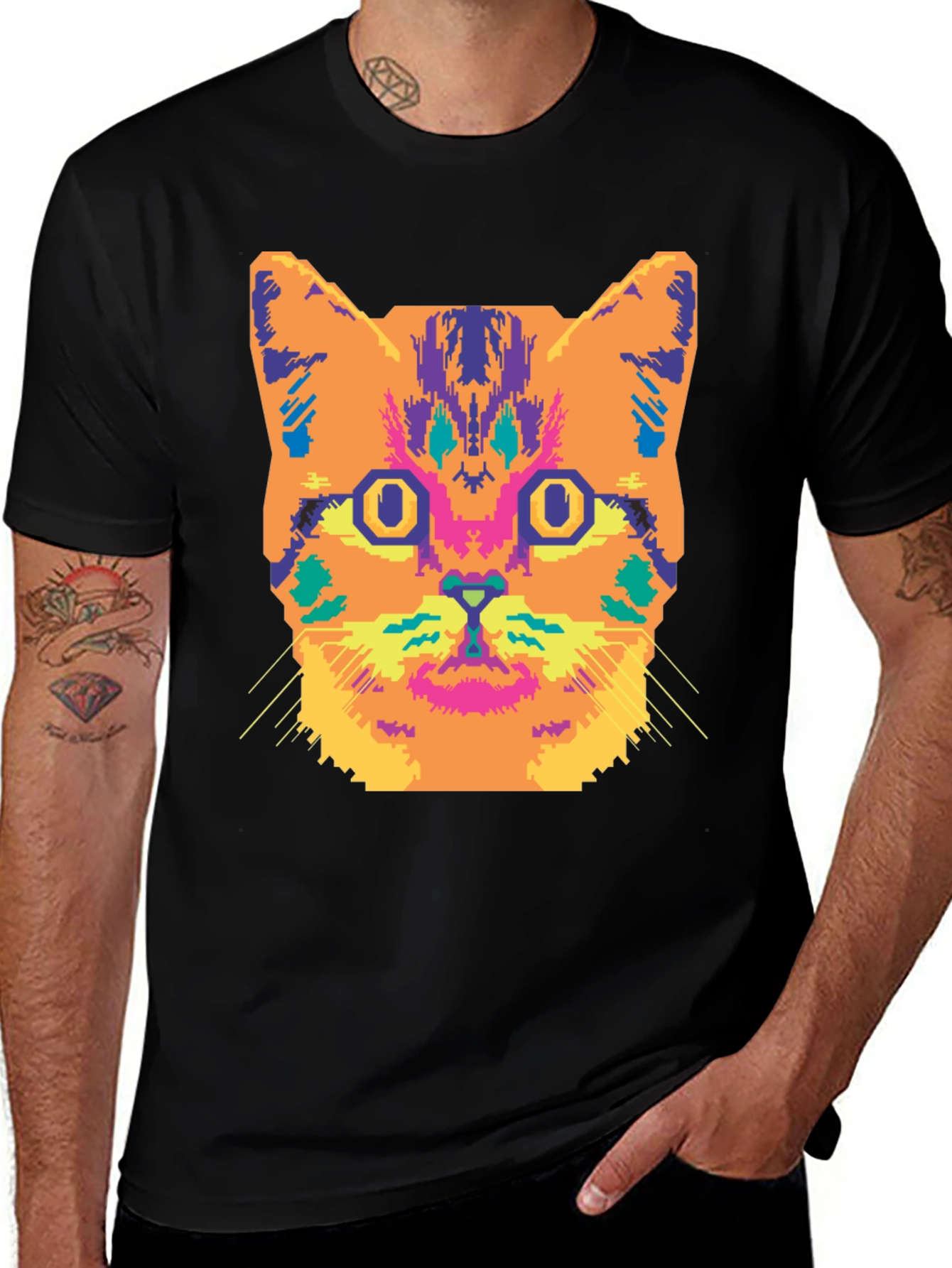 Variant 28 of Vibrant Cat Graphic Tee - Stylish Black Cotton T-Shirt