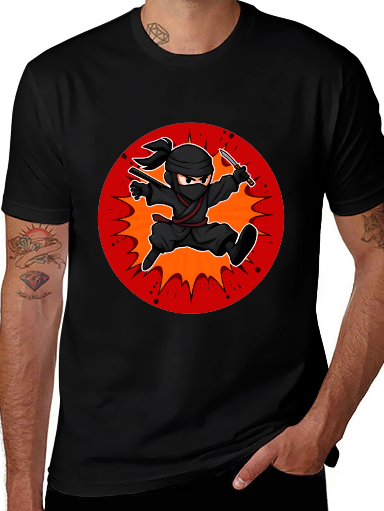 Variant 6 of Ninja Cartoon Graphic Black T-Shirt