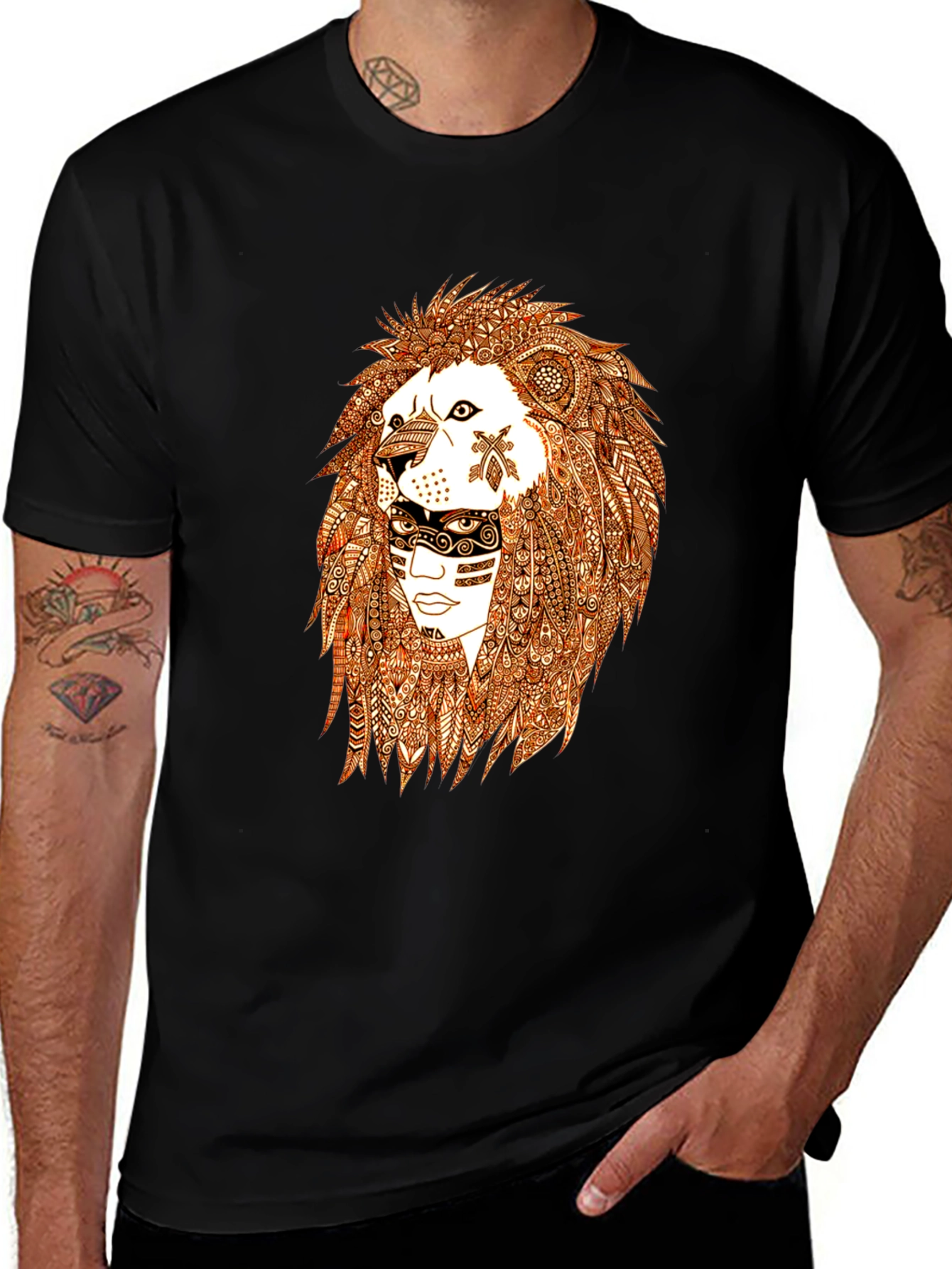 Variant 25 of Lion & Tribal Face Graphic Tee - Black