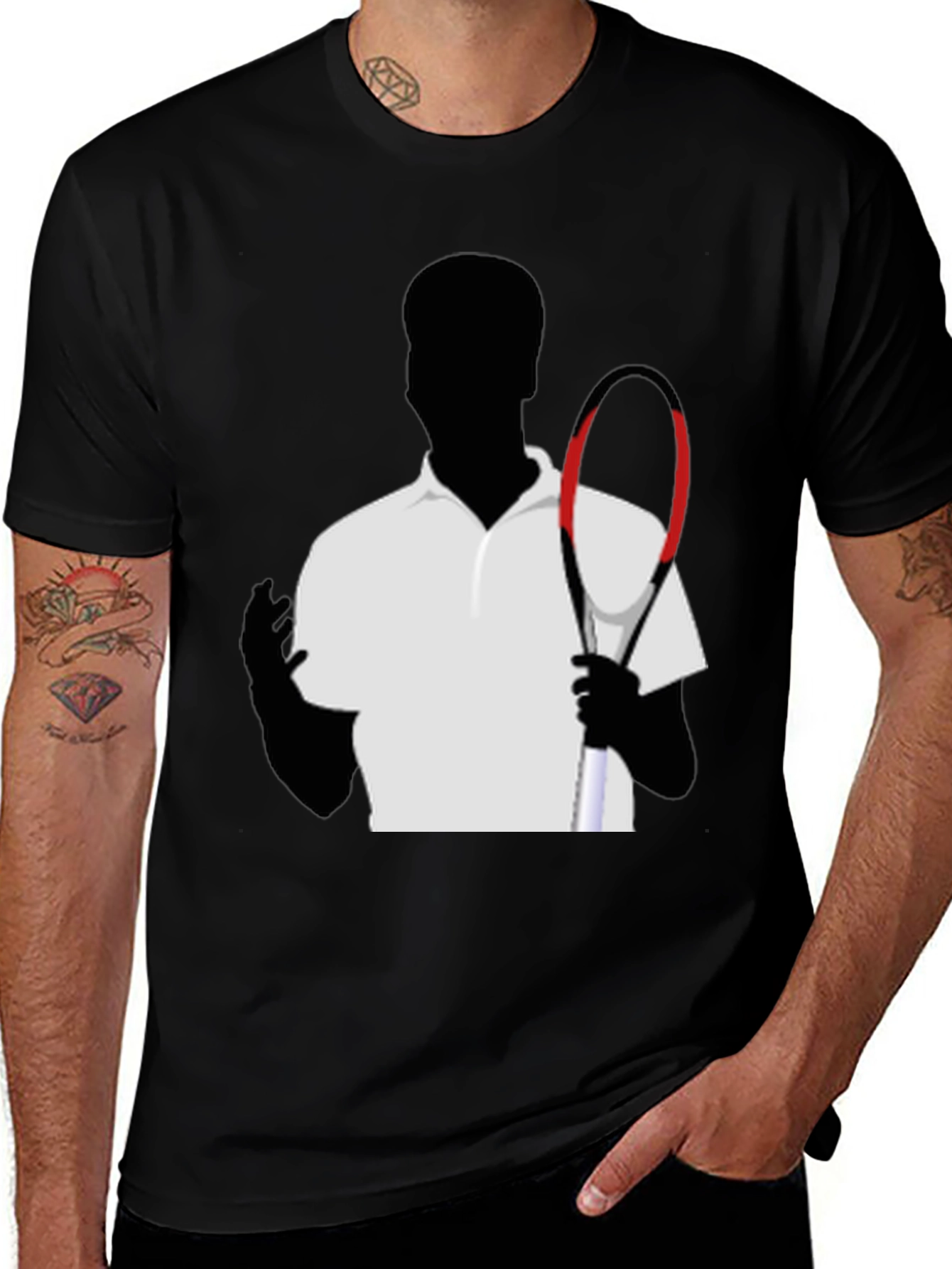 Variant 7 of Tennis Player Silhouette Graphic Tee - Black Cotton Shirt