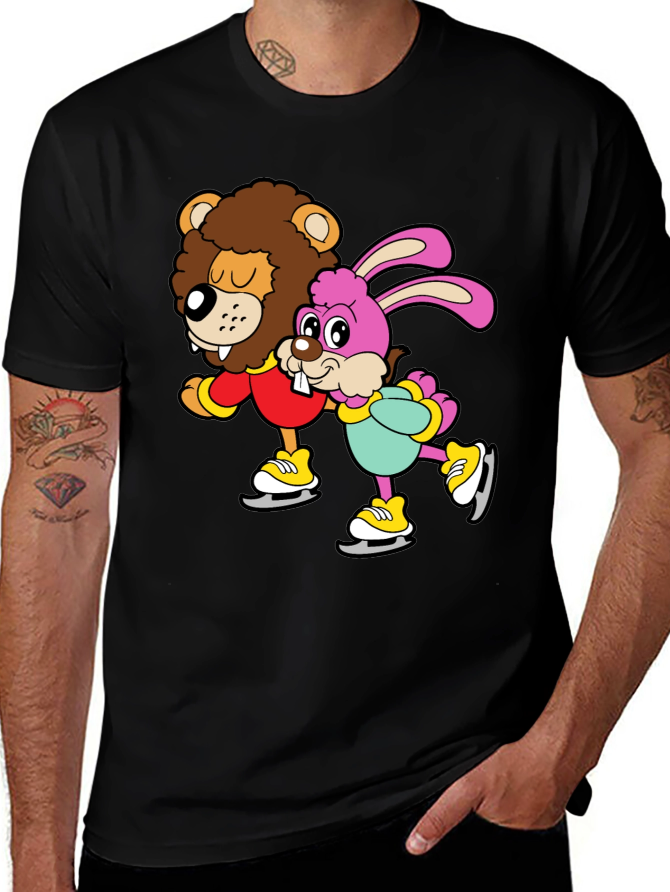Black Lion & Bunny Ice Skating Cartoon Graphic T-Shirt main image