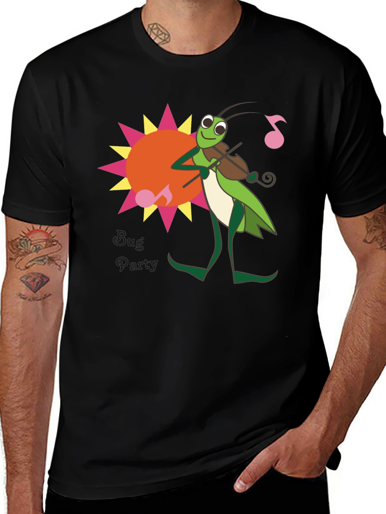 Variant 3 of Bug Party Black T-Shirt with Grasshopper Musician Design