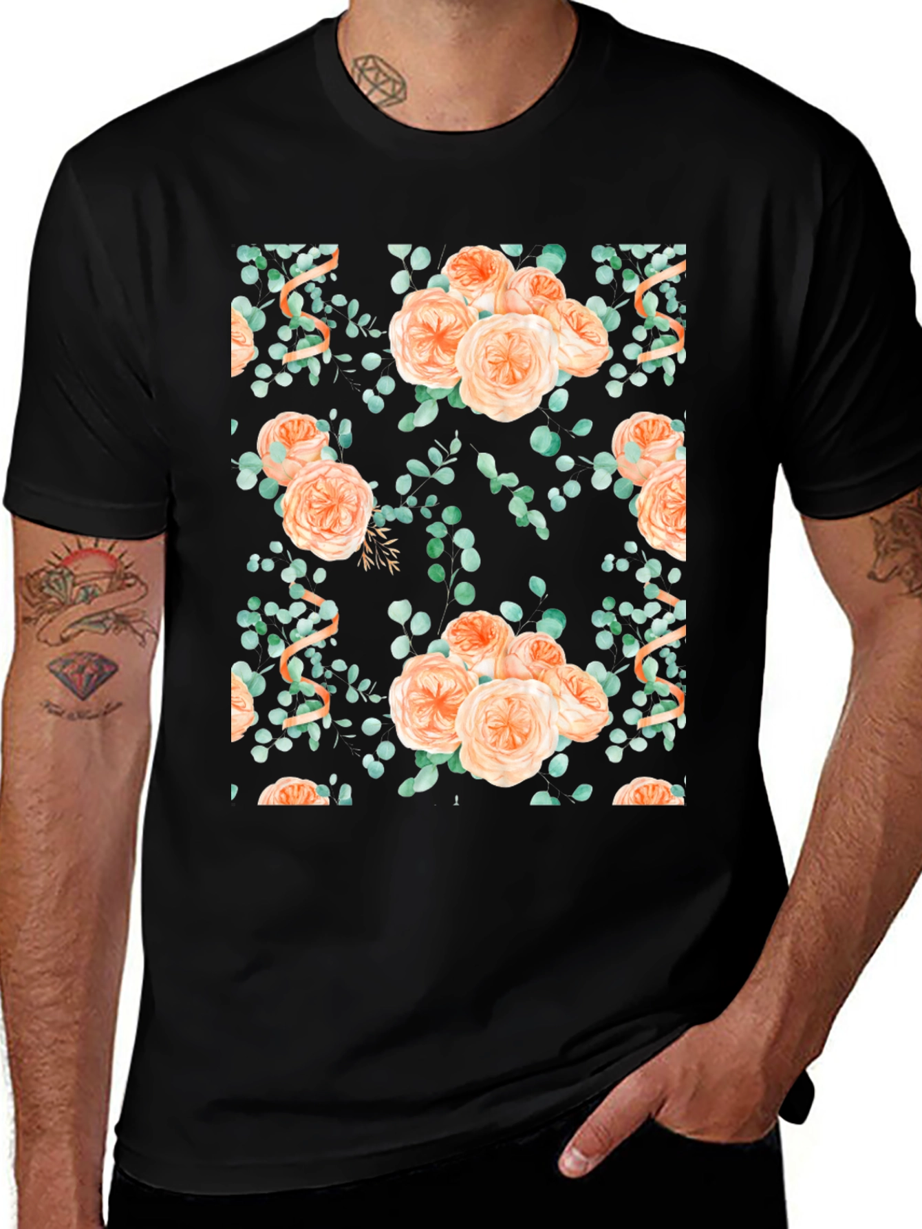 Variant 24 of Floral Peach Rose Print Black T-Shirt