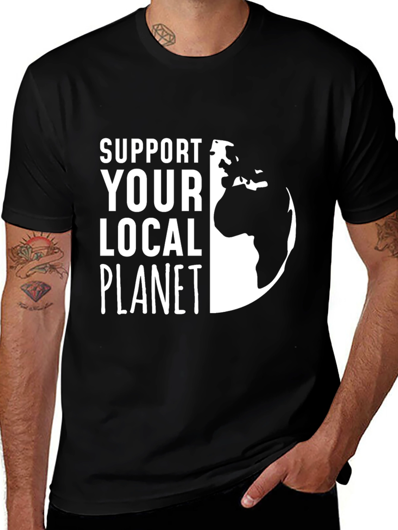 Variant 13 of Support Your Local Planet Tee - Black Cotton Earth Graphic T-Shirt