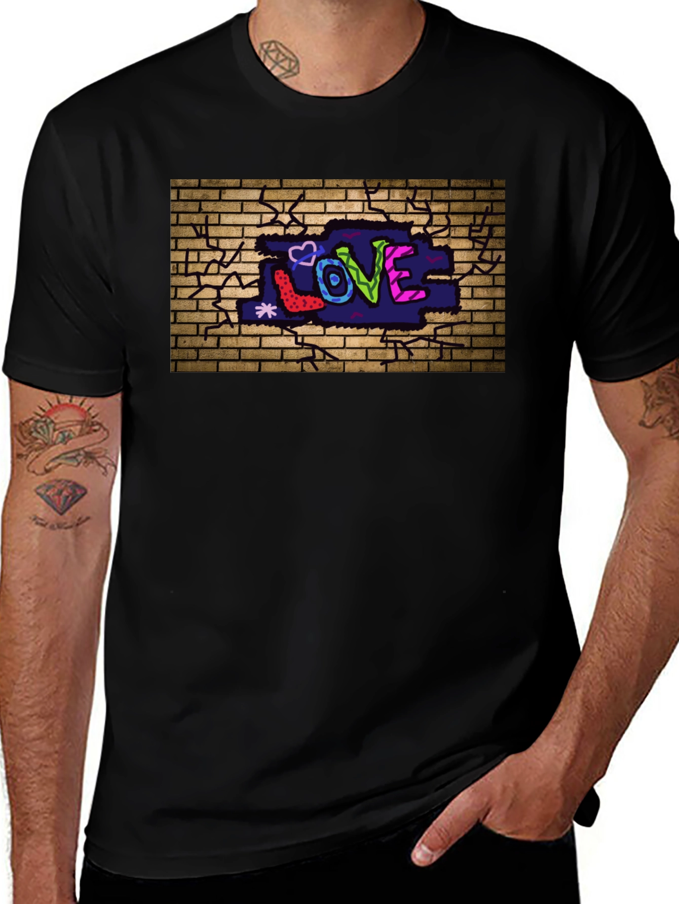 Love Graffiti Brick Wall Black T-Shirt