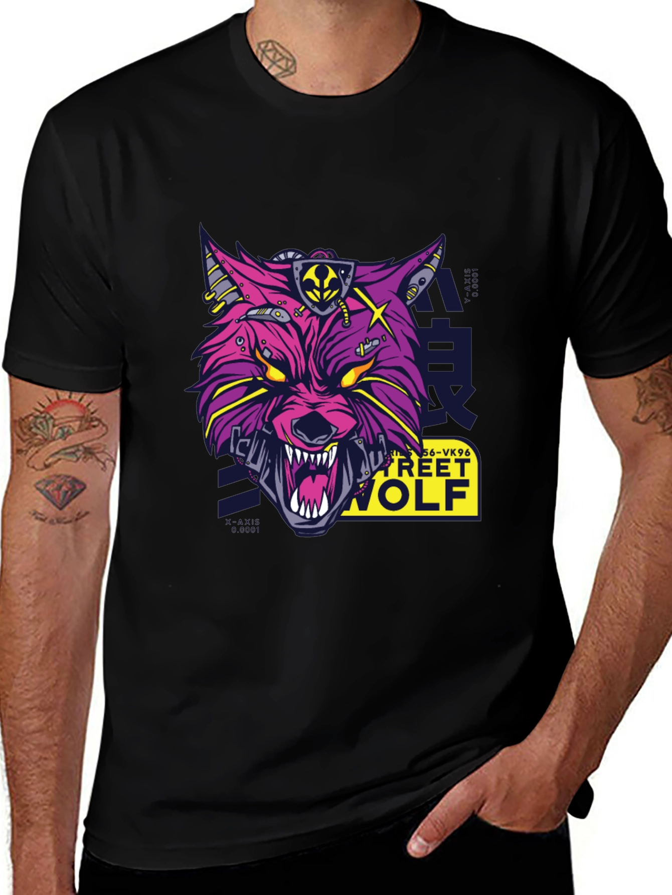 Variant 10 of Cyberpunk Street Wolf Graphic T-Shirt - Black Cotton Tee