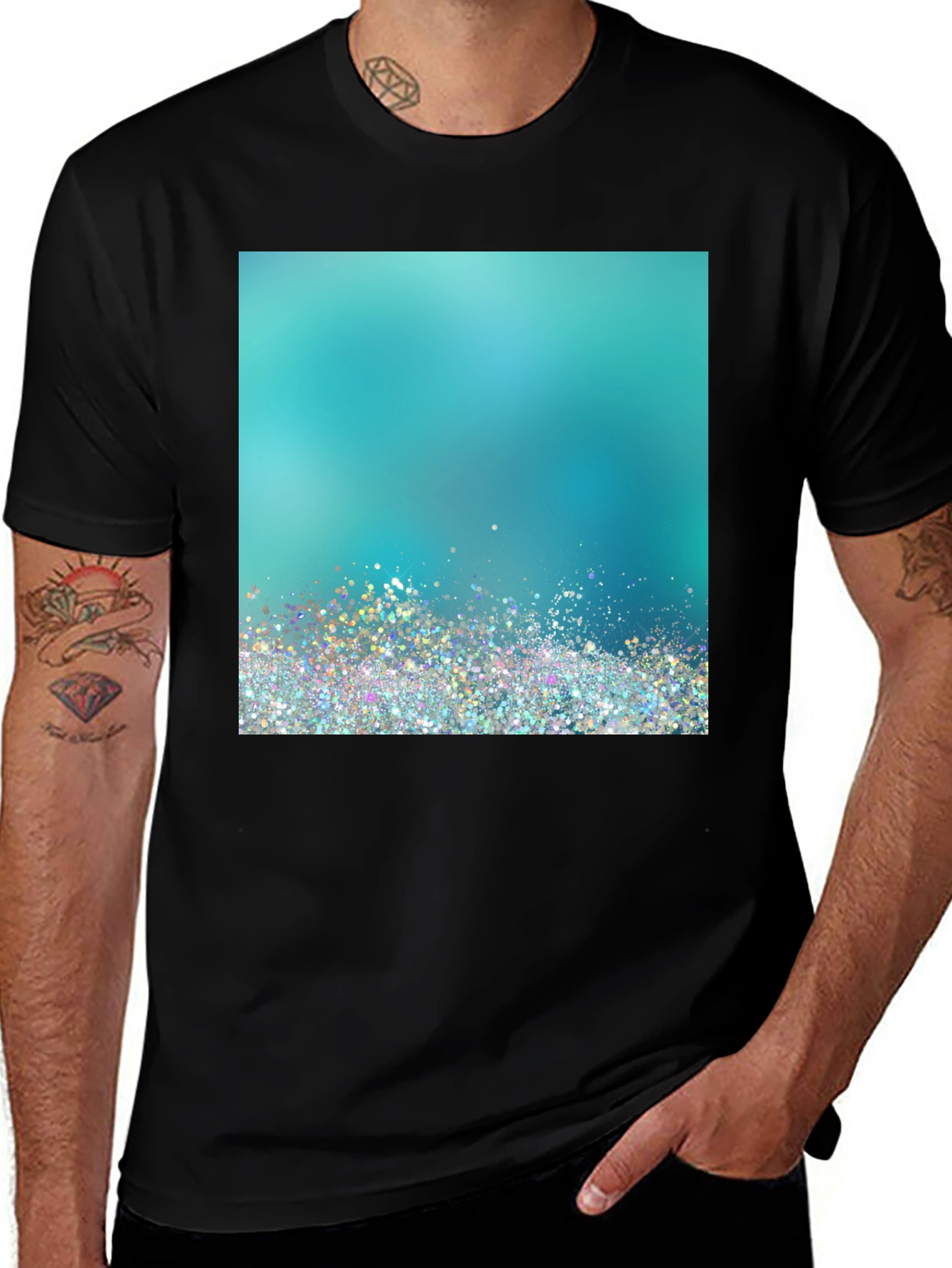 Variant 8 of Aqua Glitter Design Black T-Shirt