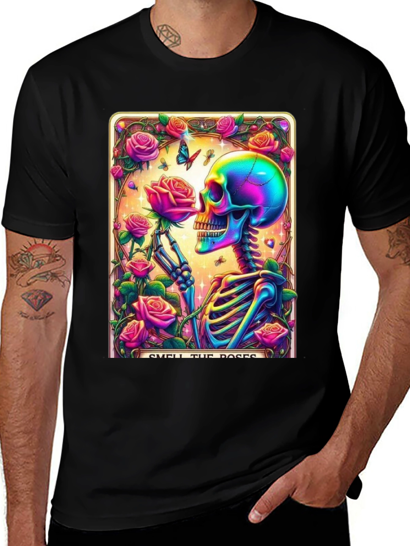 Variant 23 of Smell the Roses Skeleton Graphic Tee