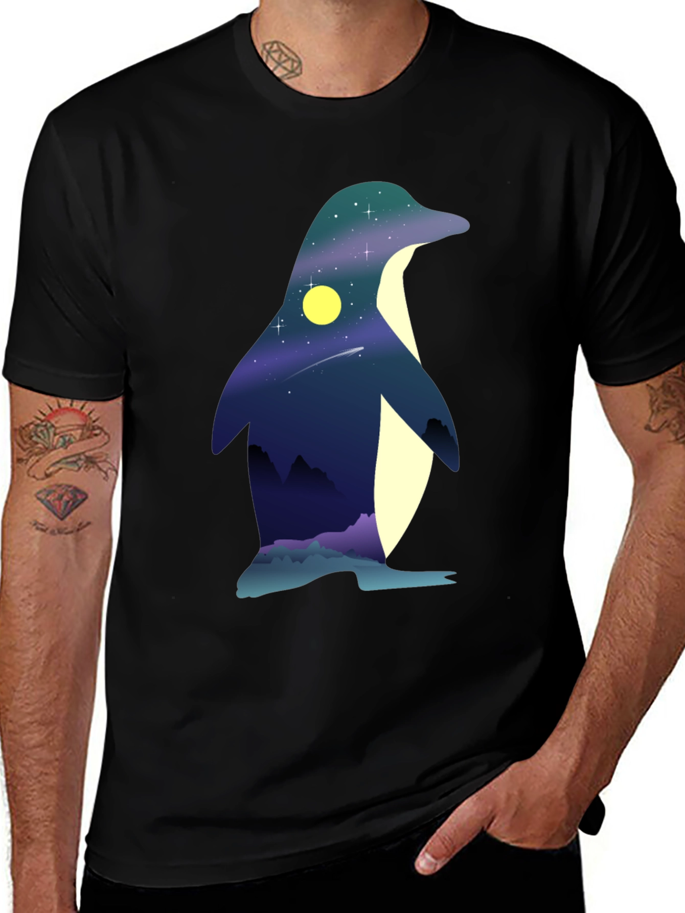 Variant 6 of Night Sky Penguin Graphic Tee - Unique Men's T-Shirt