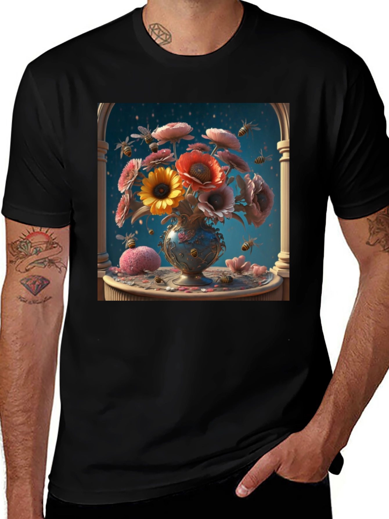 Variant 16 of Floral Vase & Bees Graphic Tee - Artistic Style