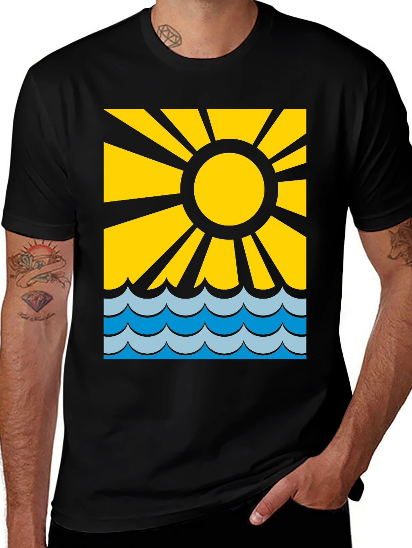 Variant 26 of Sun & Waves Graphic Tee - Black Cotton Comfort
