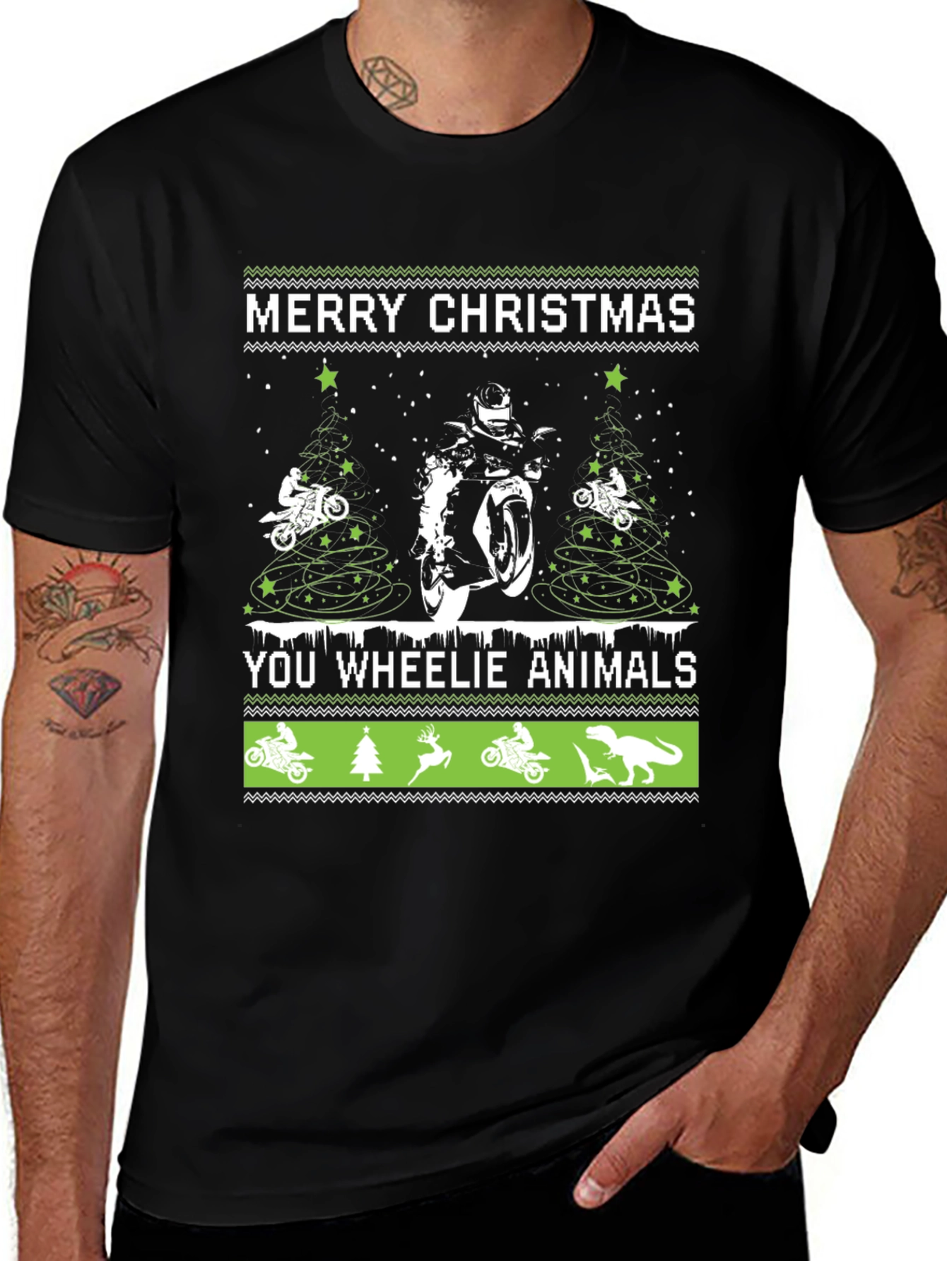 Variant 10 of Motorcycle Christmas T-Shirt - Wheelie Animals Holiday Tee