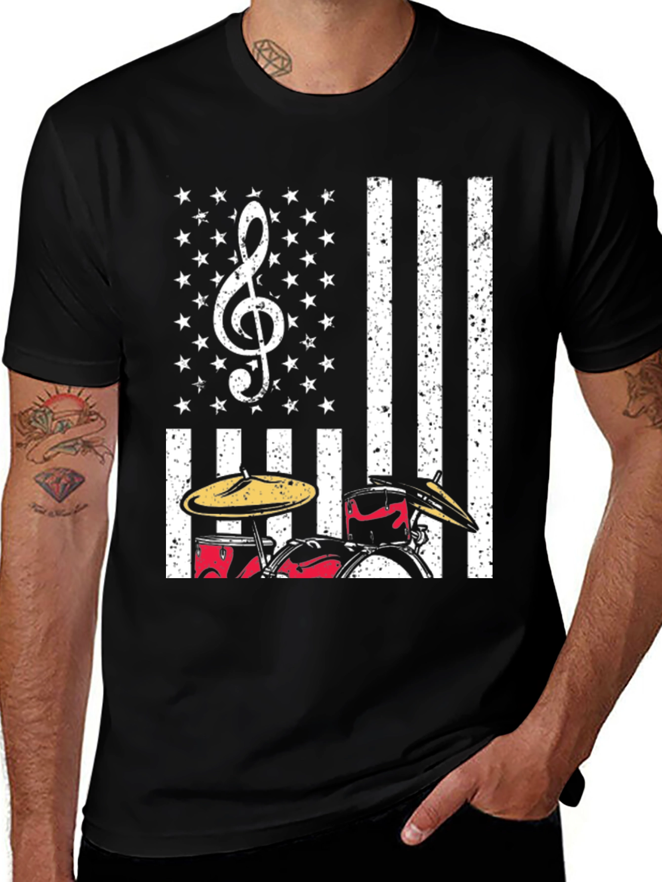 Variant 22 of Drum Set USA Flag T-Shirt: Patriotic Music Tee