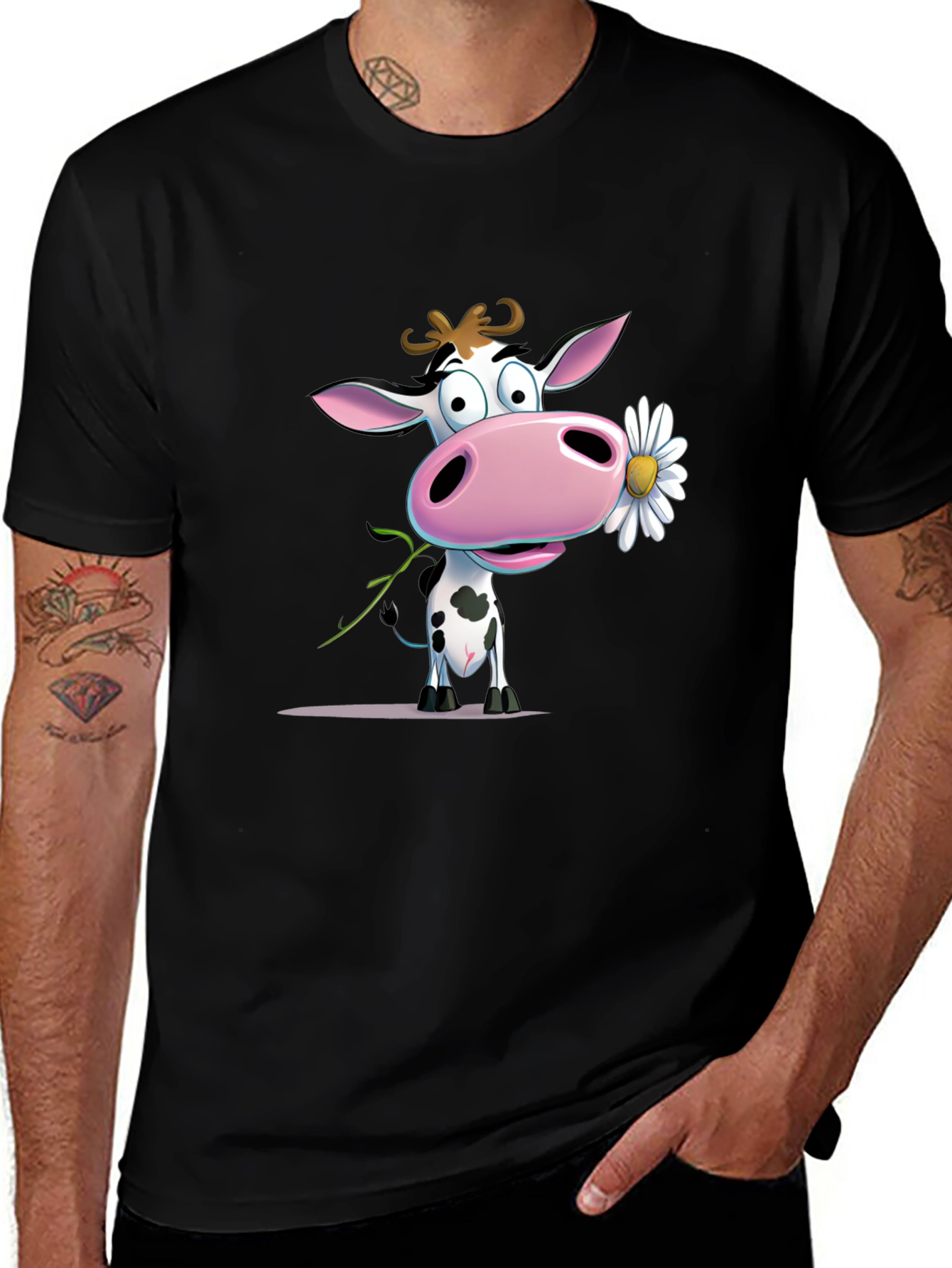 Variant 12 of Cute Cartoon Cow Holding Daisy Black T-Shirt