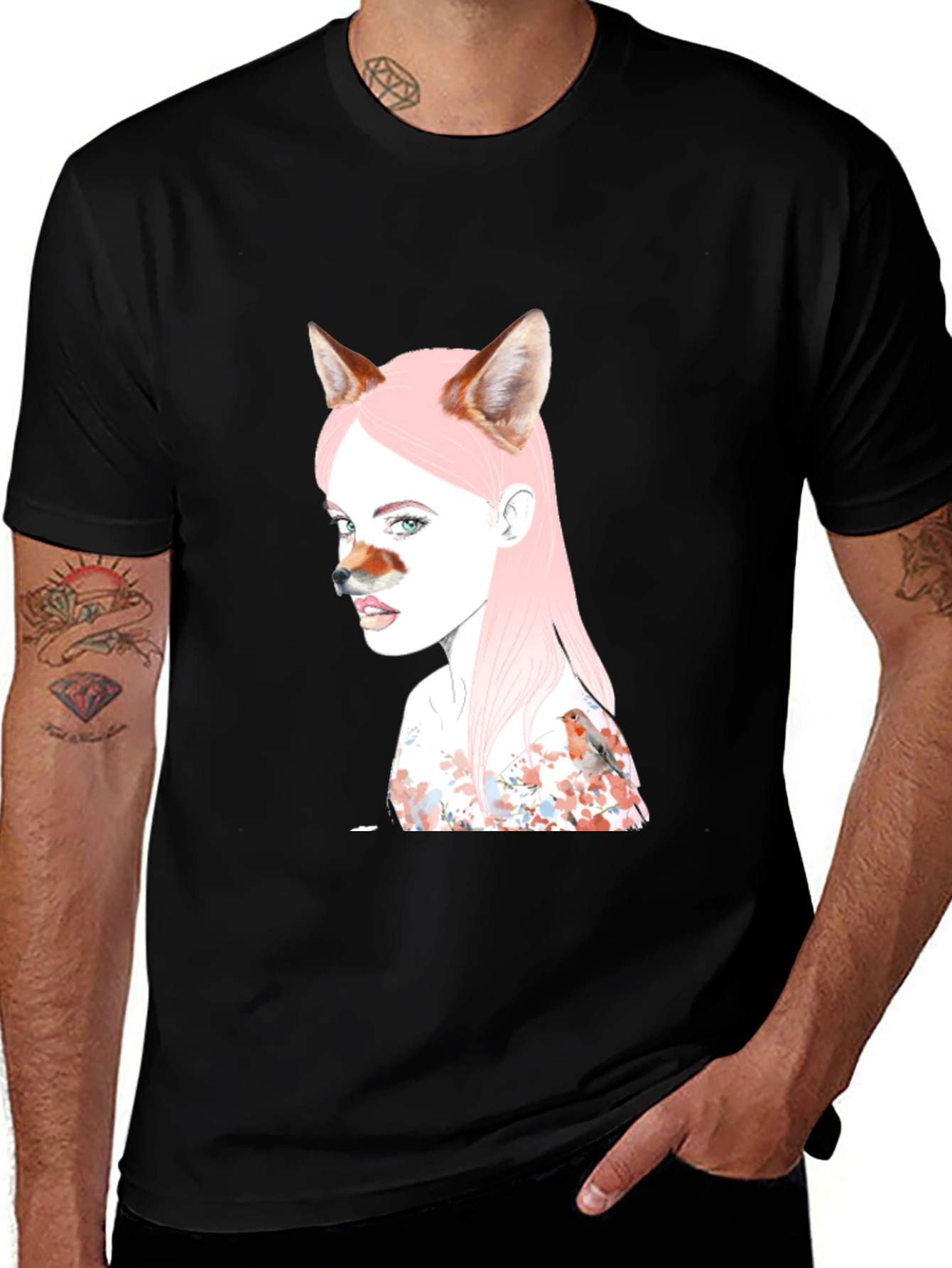 Variant 5 of Artistic Fox Girl Print Black T-Shirt