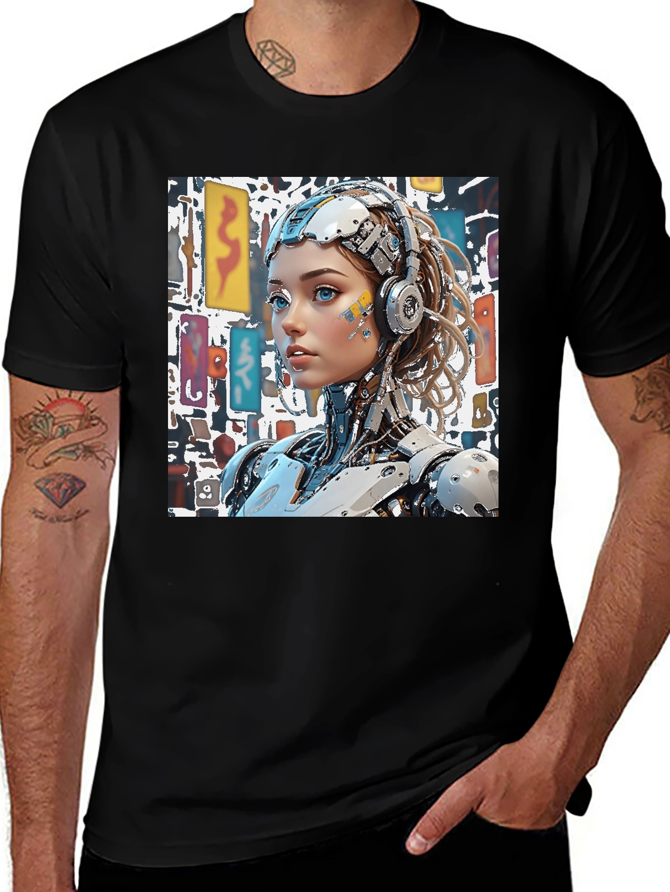 Variant 19 of Cyberpunk Robot Girl Graphic Black T-Shirt