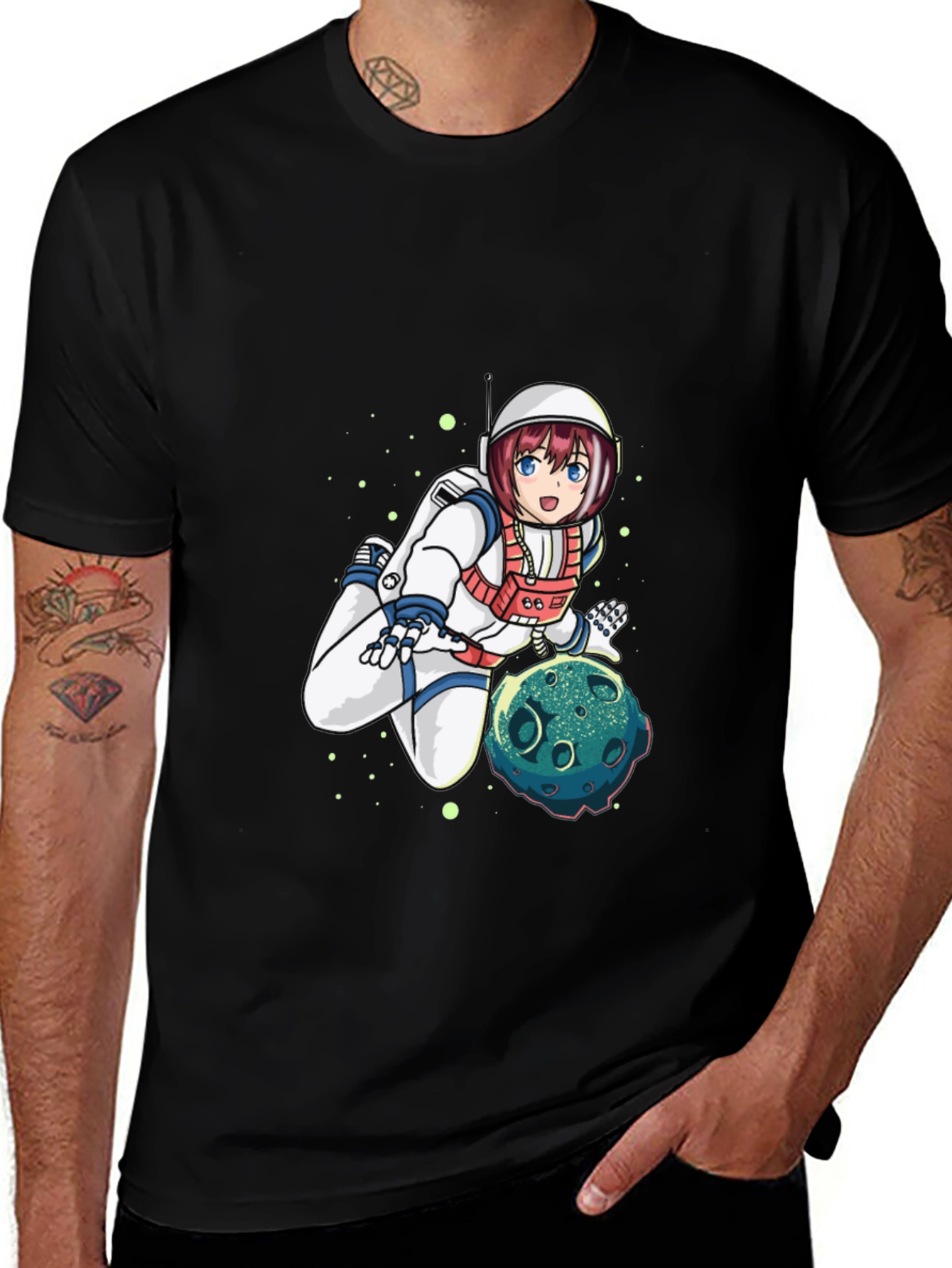 Variant 13 of Astronaut Anime Graphic Tee - Black Cotton T-Shirt