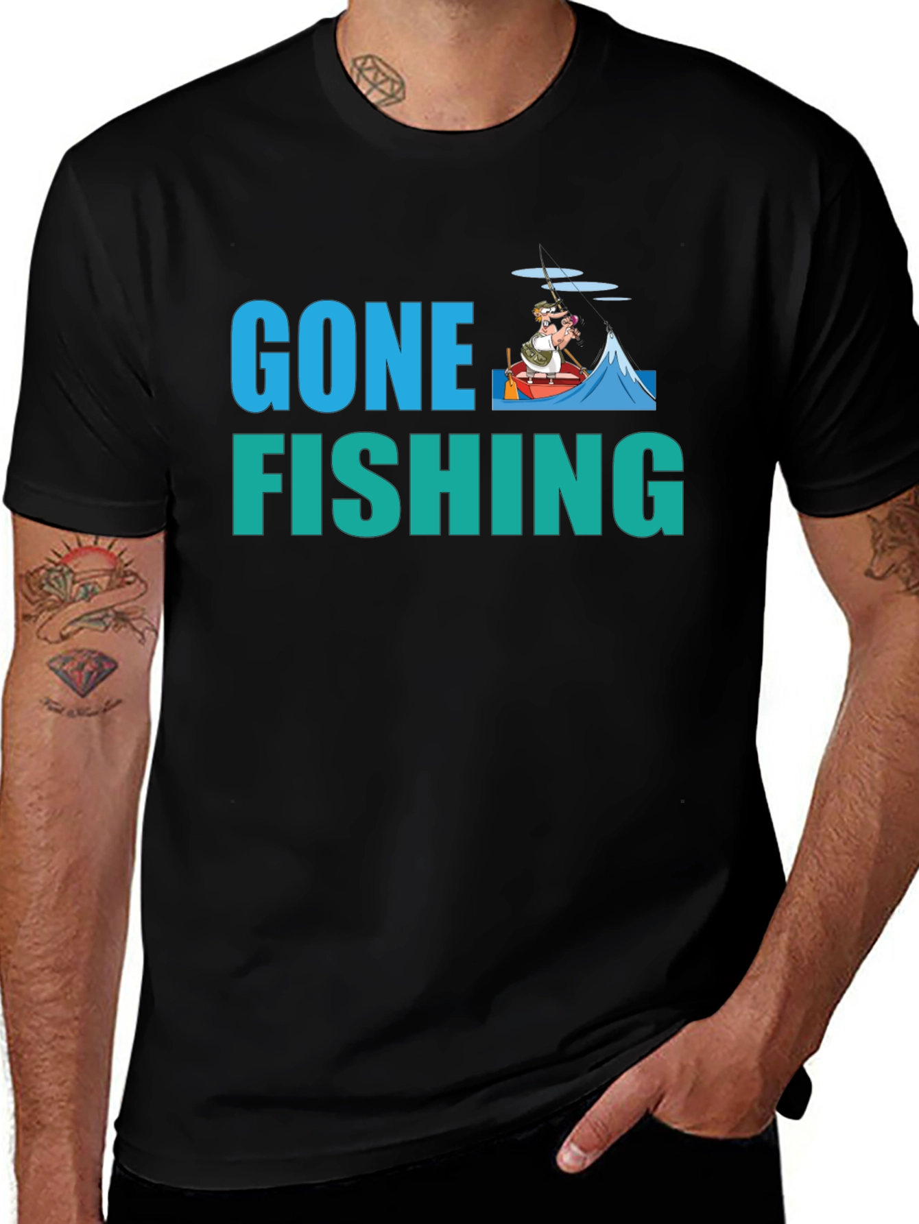 Gone Fishing Graphic Tee -  Black Cotton T-Shirt