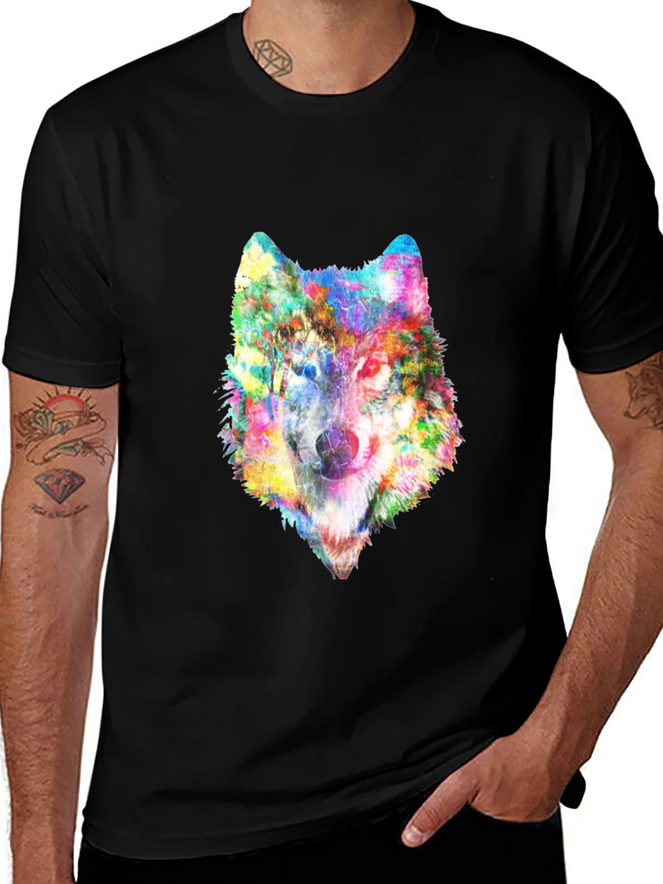 Variant 29 of Colorful Wolf Graphic Black T-Shirt