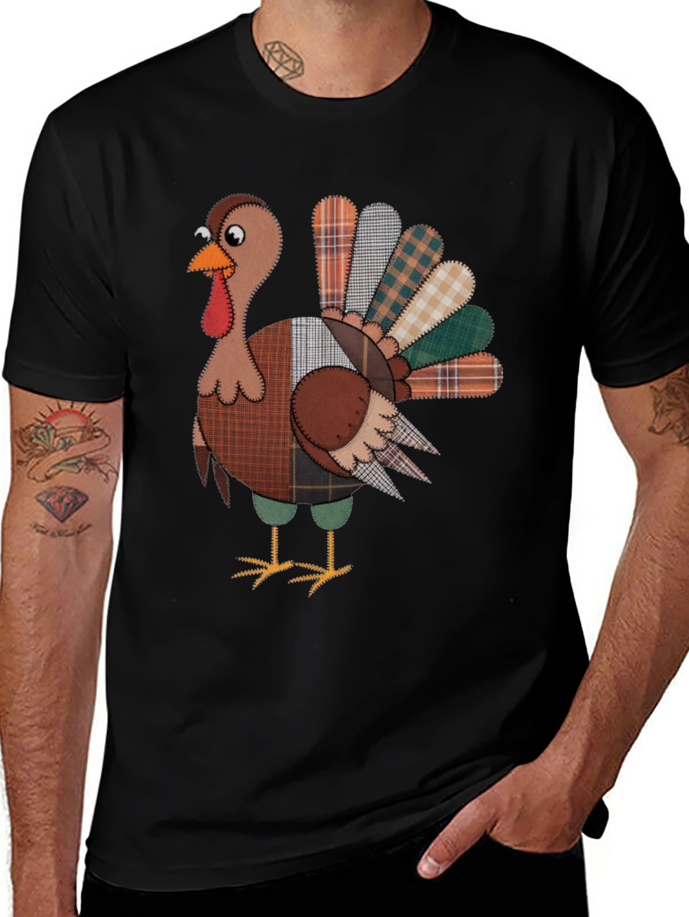 Thanksgiving Turkey Plaid Patchwork Graphic T-Shirt