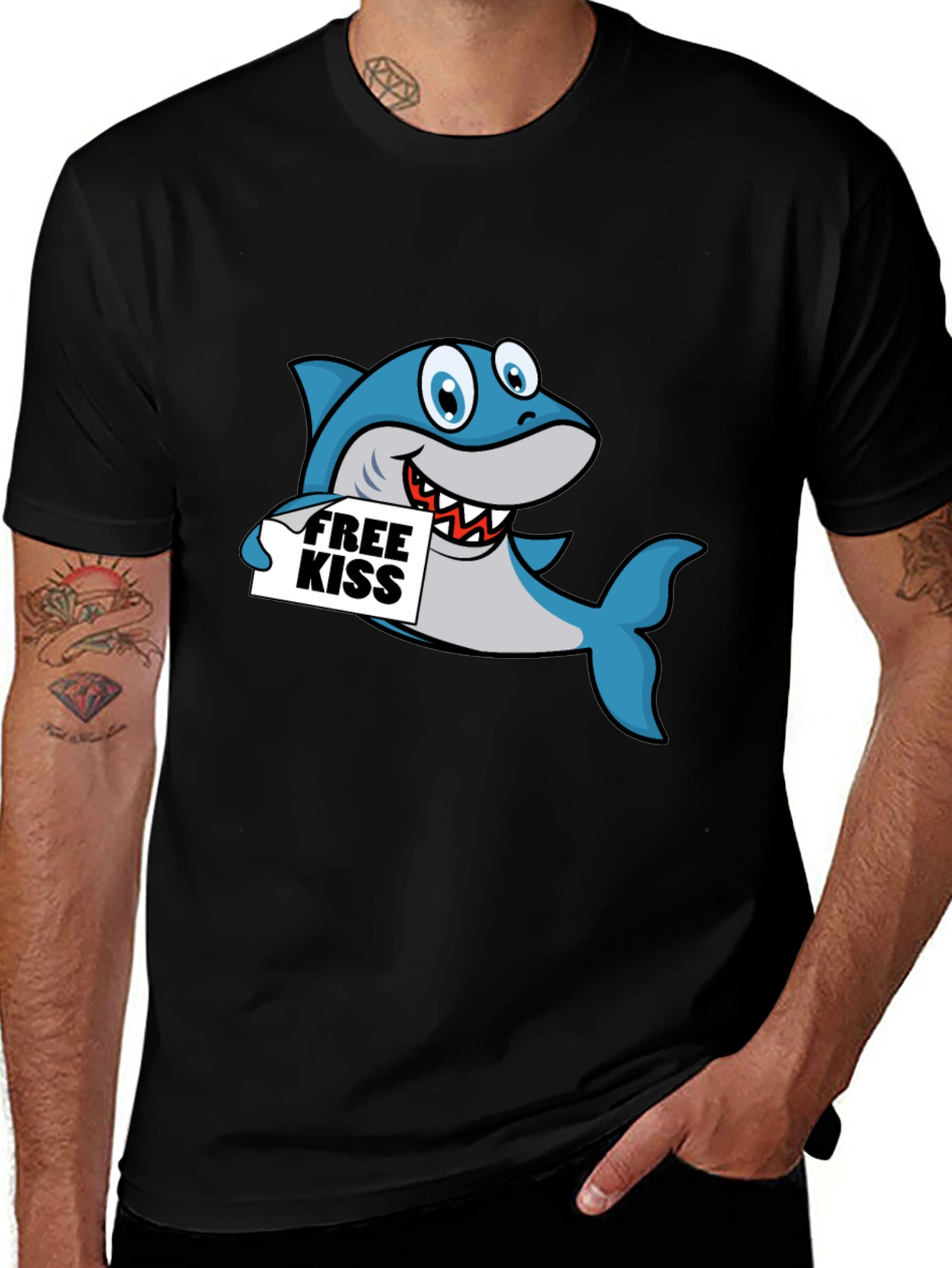 Variant 4 of Funny Shark Free Kiss Graphic Tee - Black