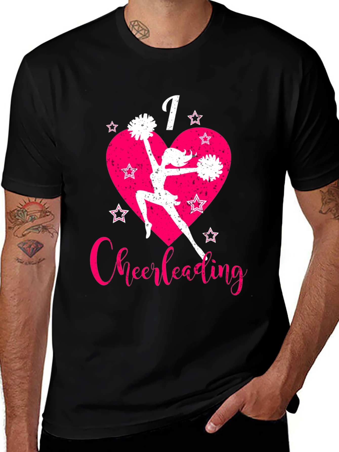 I Love Cheerleading T-Shirt Pink Heart and Stars