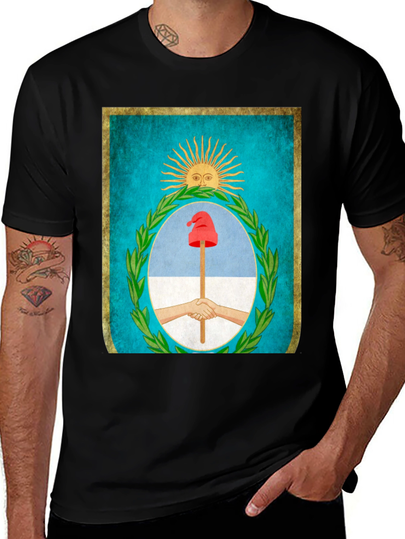 Argentina Flag T-Shirt - Sun, Hands, Liberty Cap Design