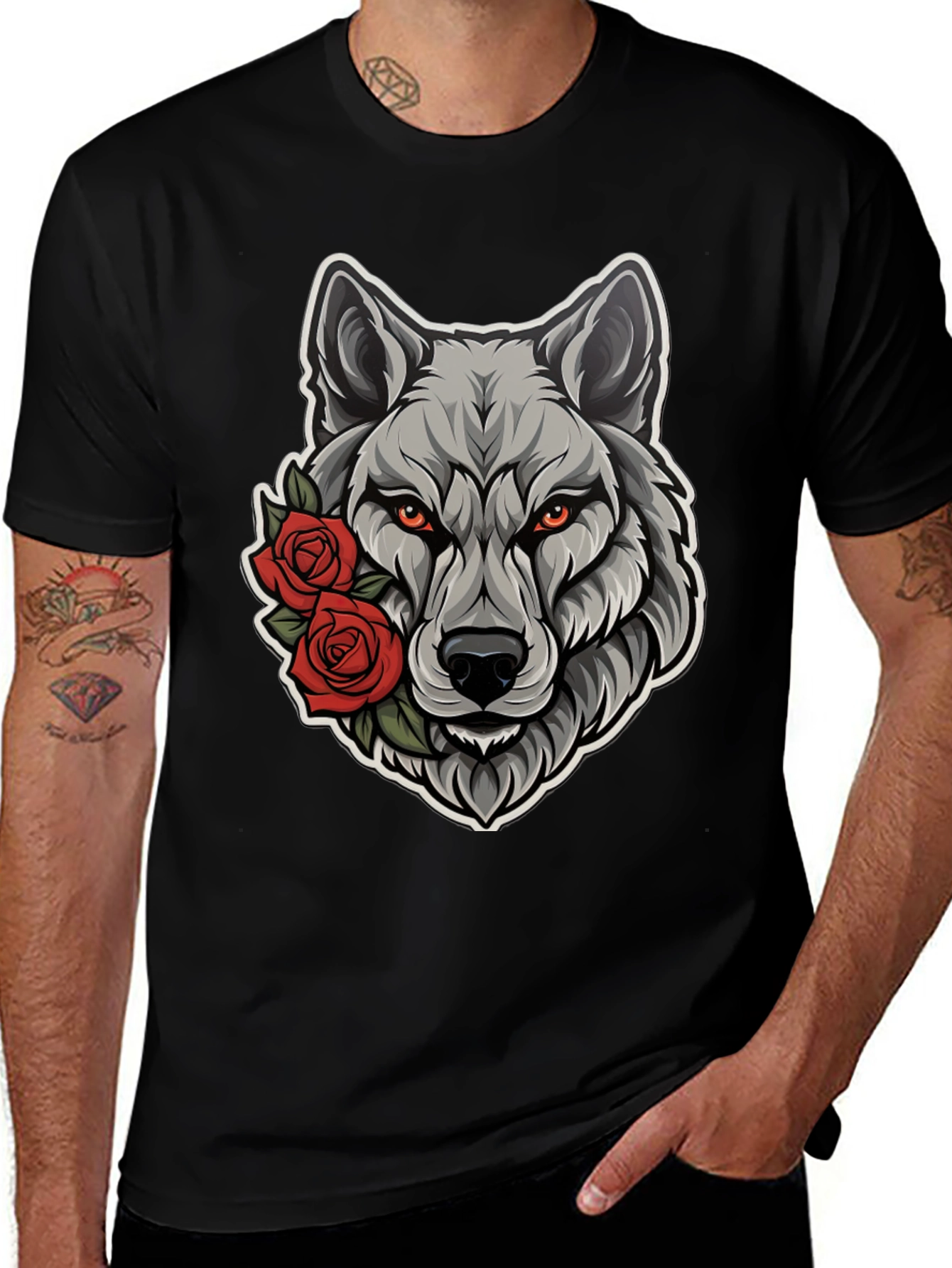 Variant 5 of Wolf & Roses Graphic Tee - Men's Black T-Shirt