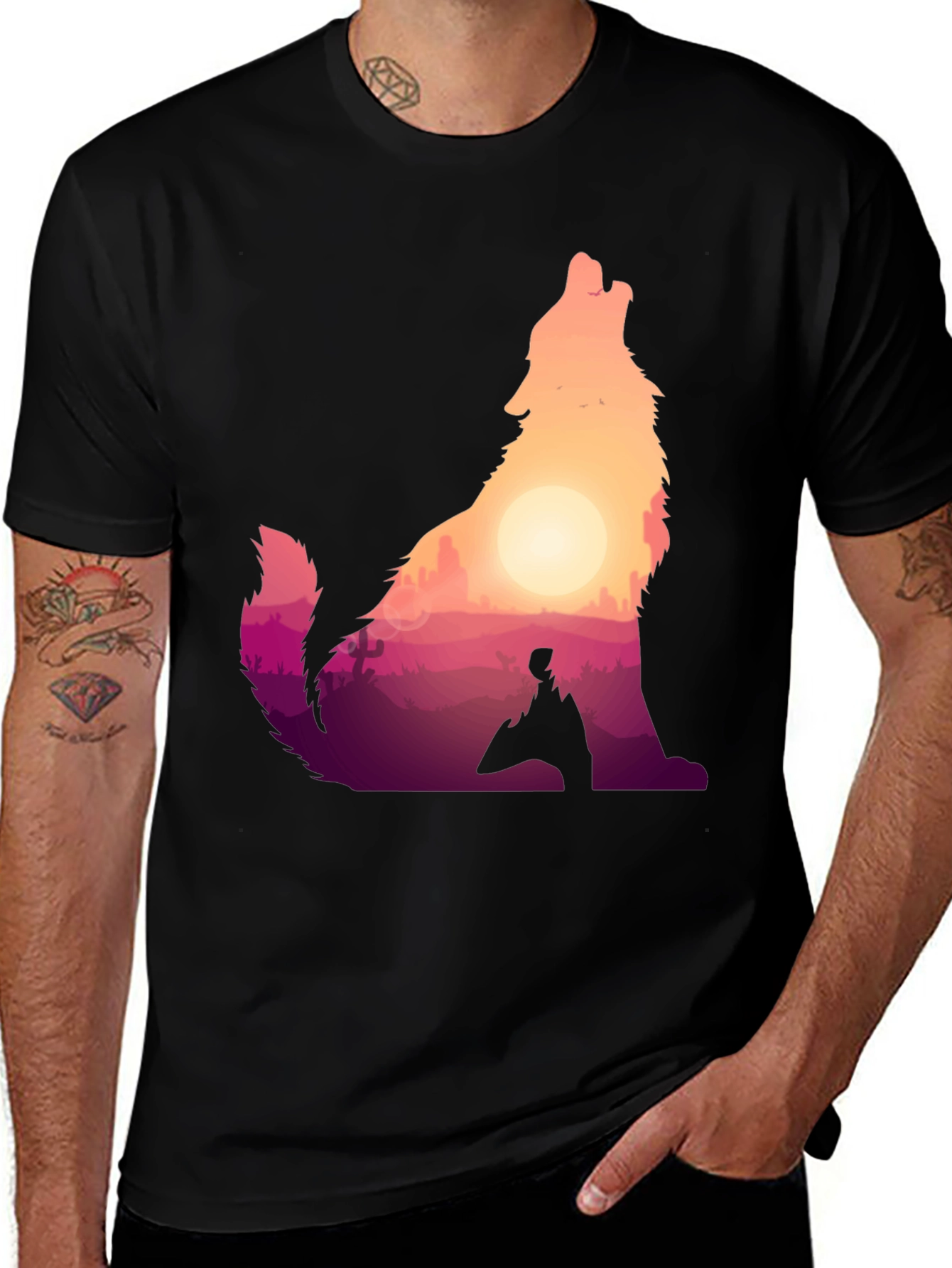 Variant 15 of Wolf Desert Sunset Graphic Tee - Black