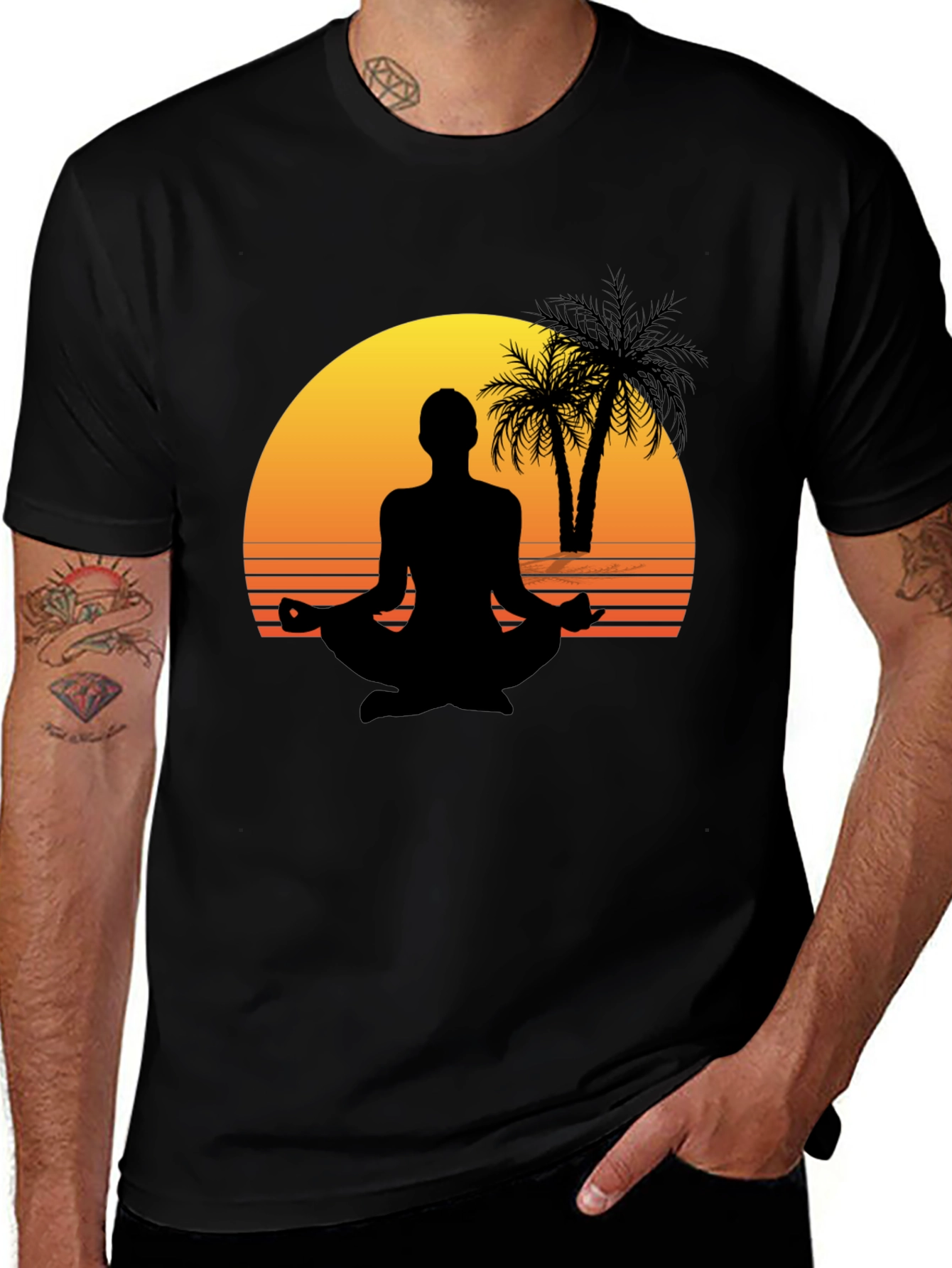Variant 8 of Sunset Meditation T-Shirt - Palm Tree Yoga Design