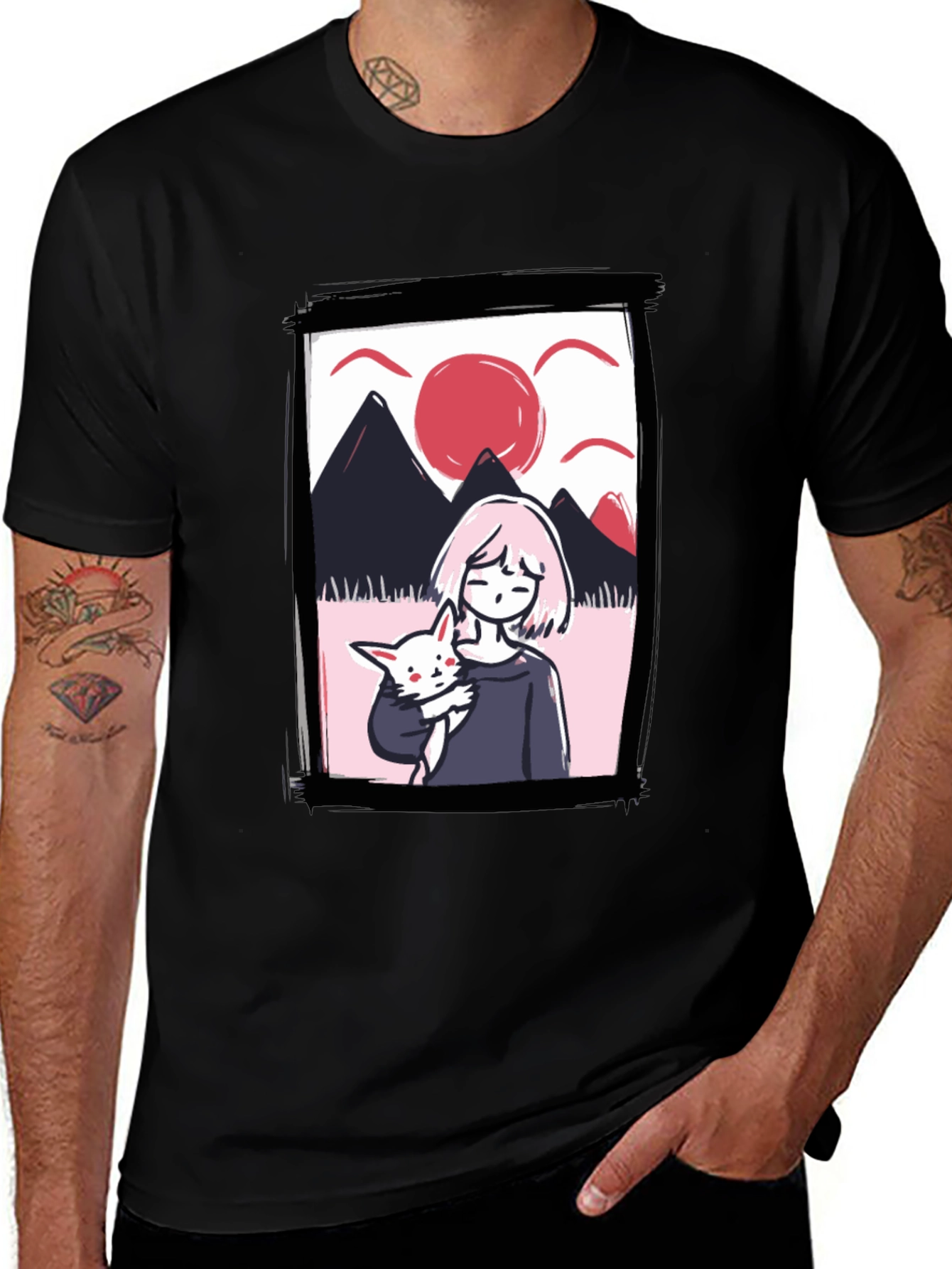 Variant 16 of Anime Girl & Cat T-Shirt - Black Graphic Tee