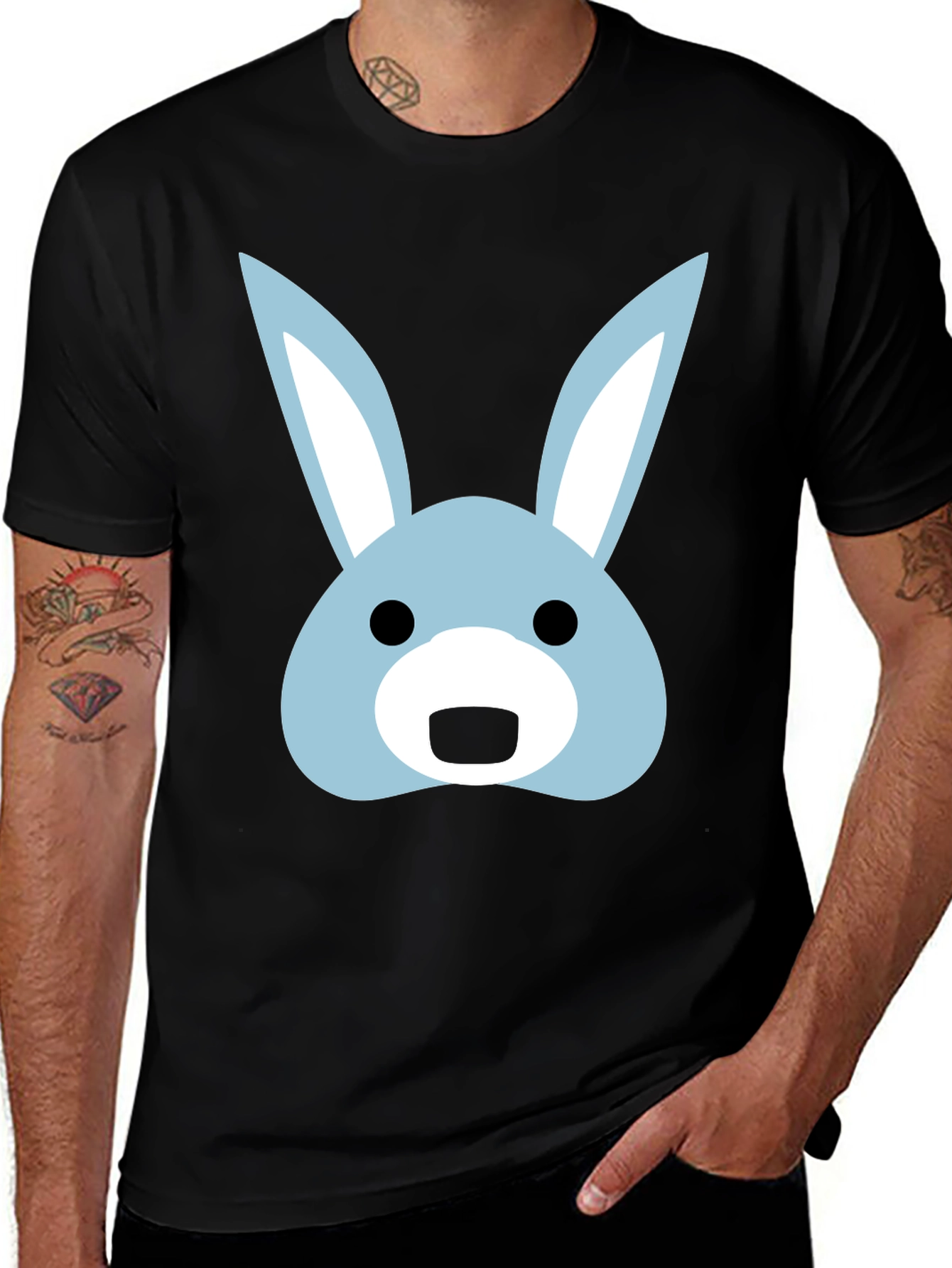 Black T-Shirt with Cartoon Rabbit Graphic