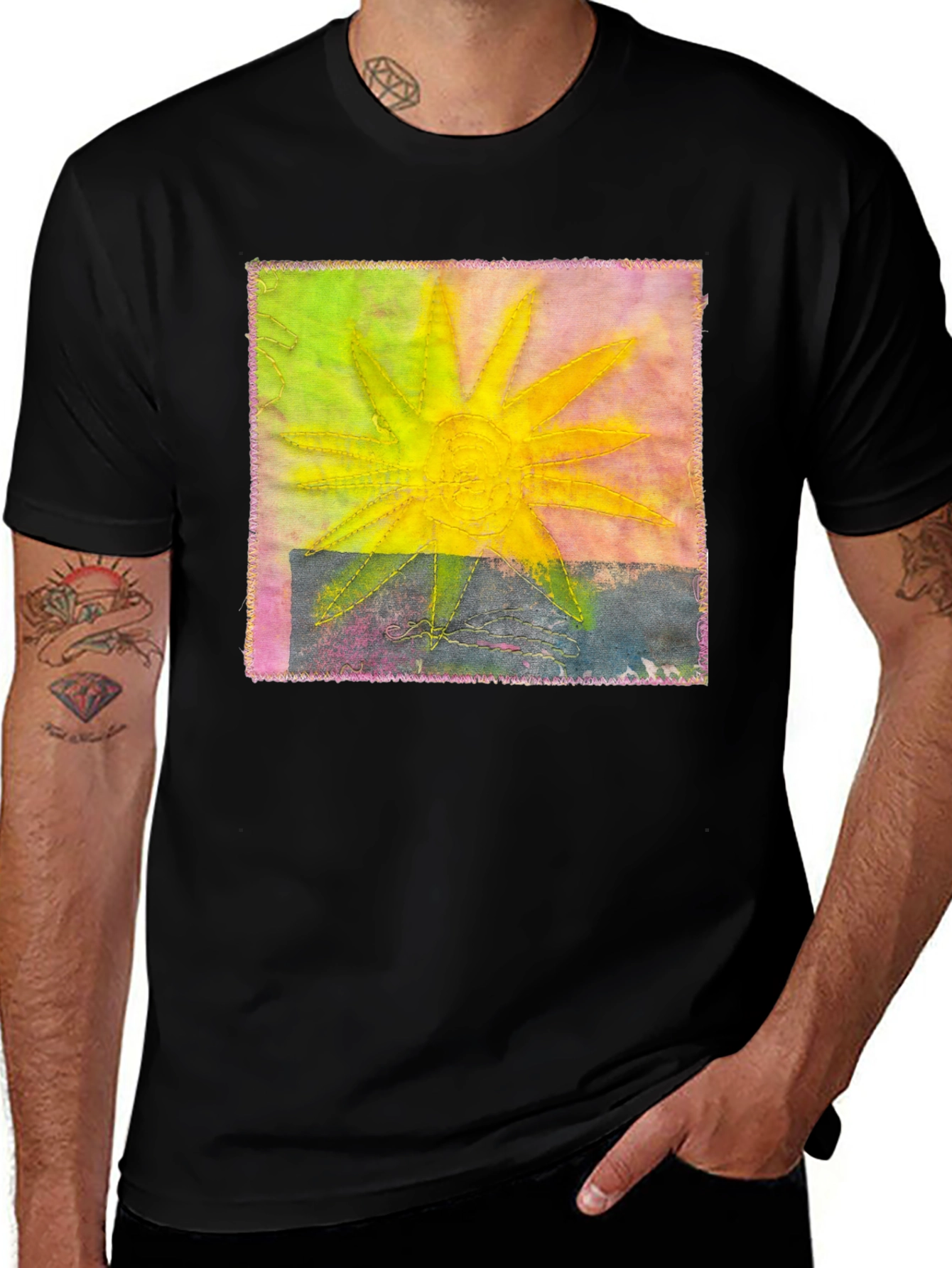 Variant 26 of Abstract Sun Patch Graphic Tee - Casual Black T-Shirt