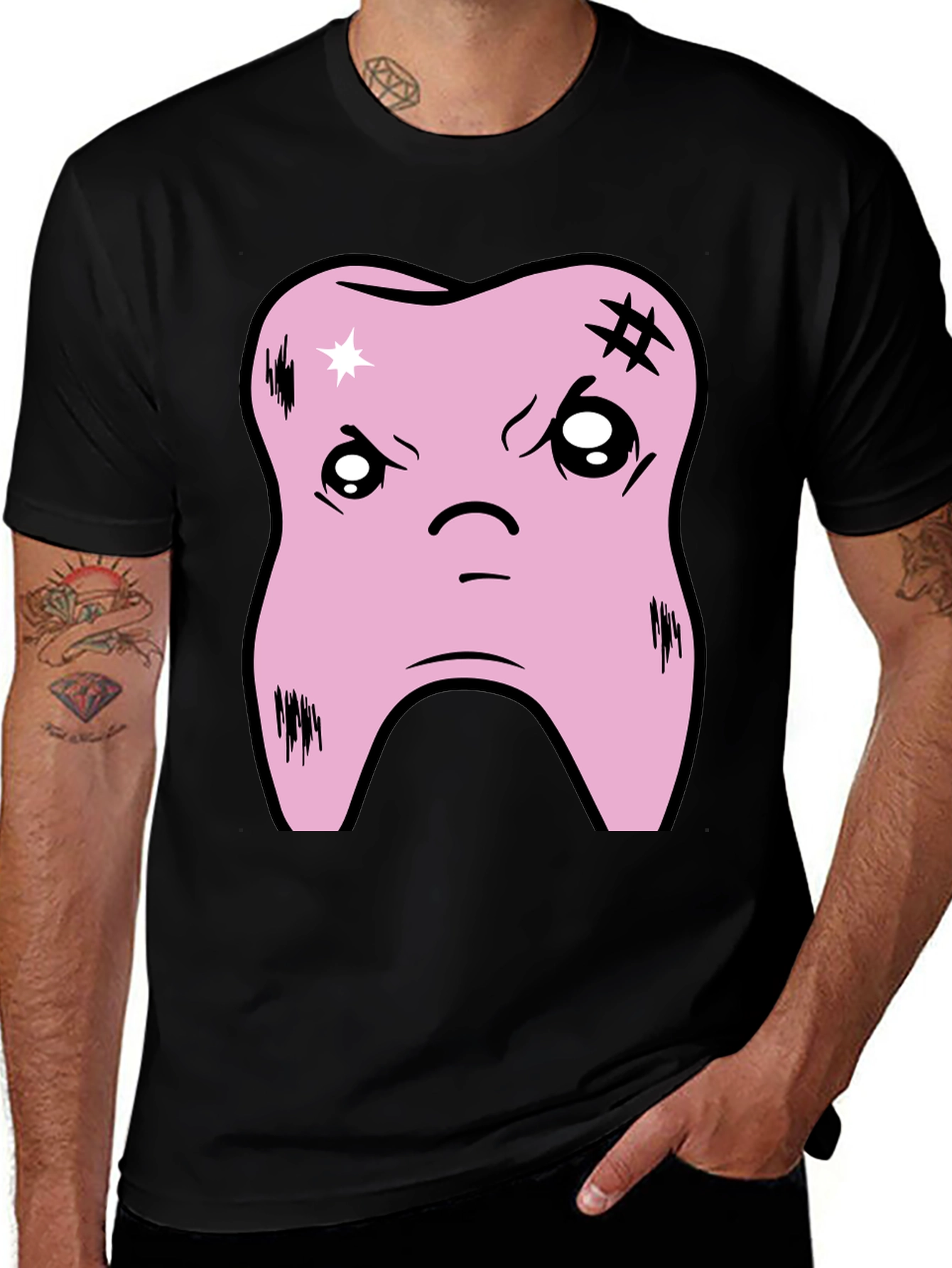 Variant 12 of Cartoon Tooth Graphic Tee - Black Cotton T-Shirt