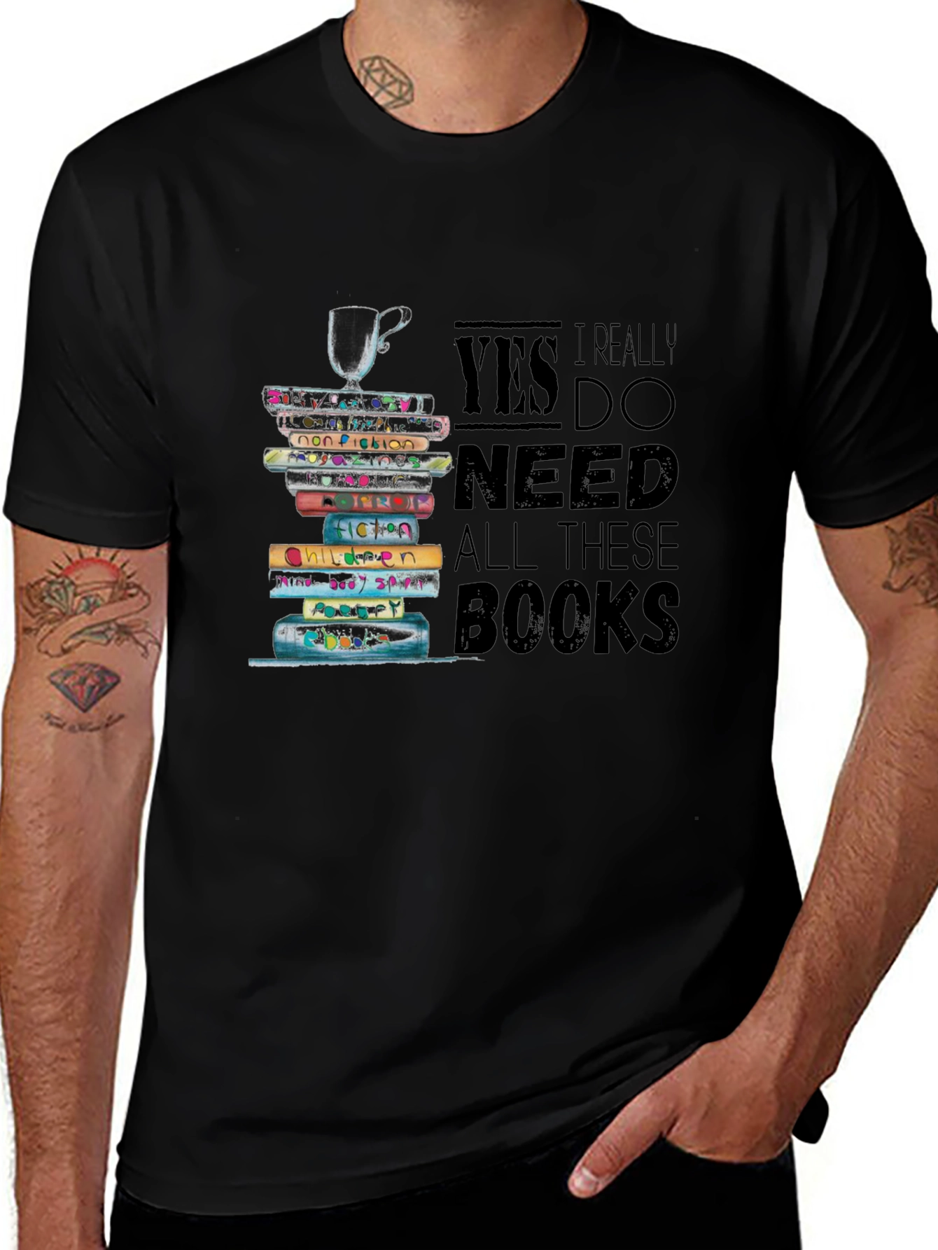 Variant 25 of Book Lover Tee: Yes I Need All These Books! Black Cotton Shirt