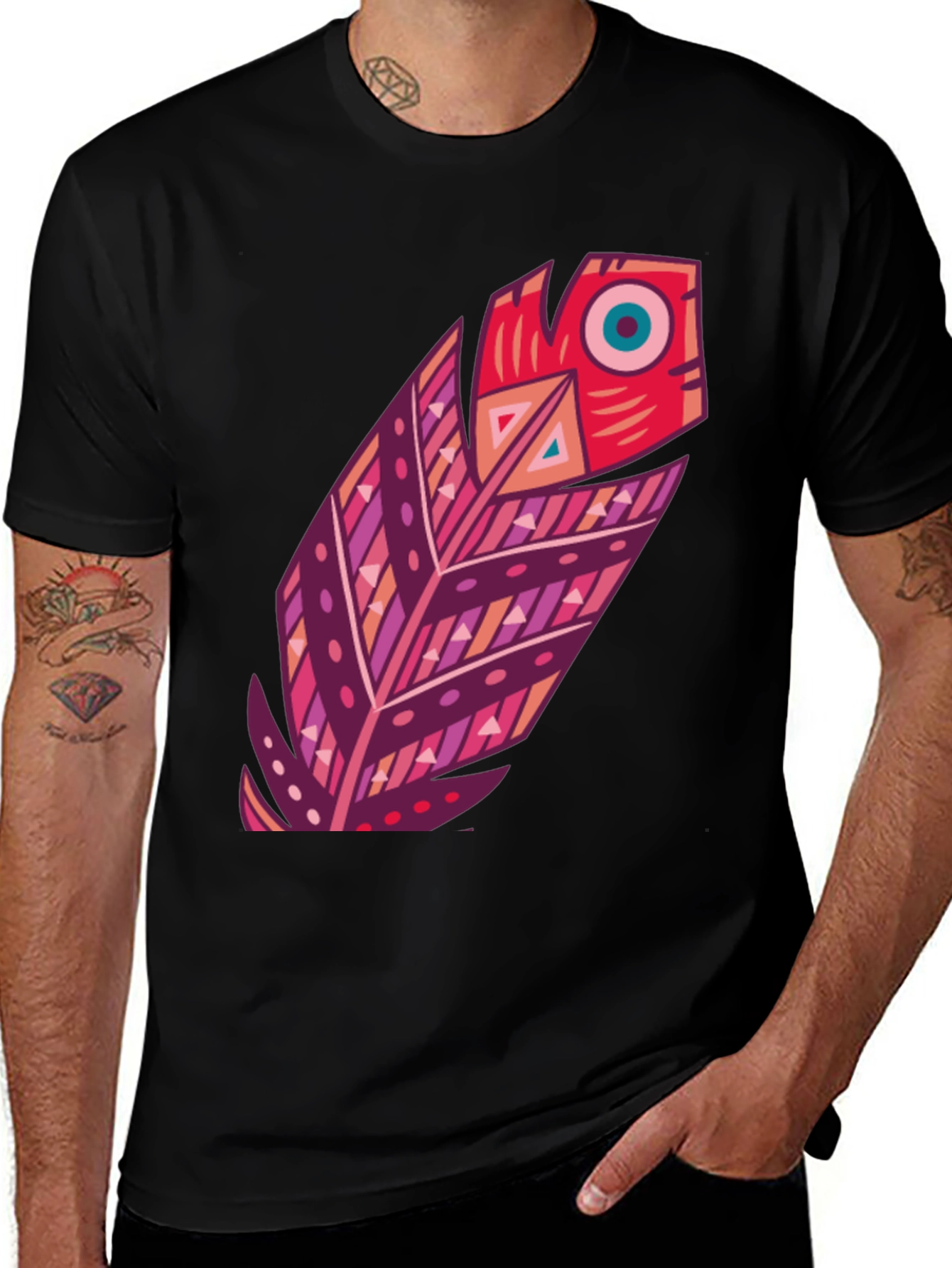 Variant 18 of Boho Feather Graphic Black Tee - Stylish Casual Wear
