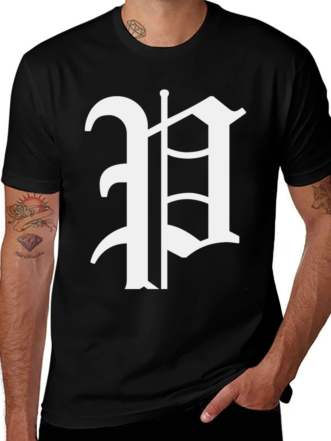 Variant 4 of Black T-Shirt with White Gothic Letter