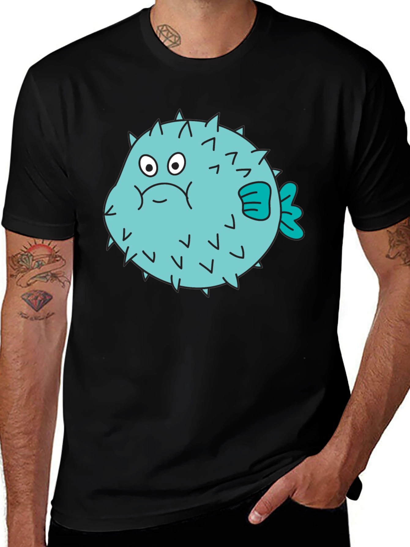 Variant 11 of Puffer Fish Graphic Tee - Black Cotton T-Shirt