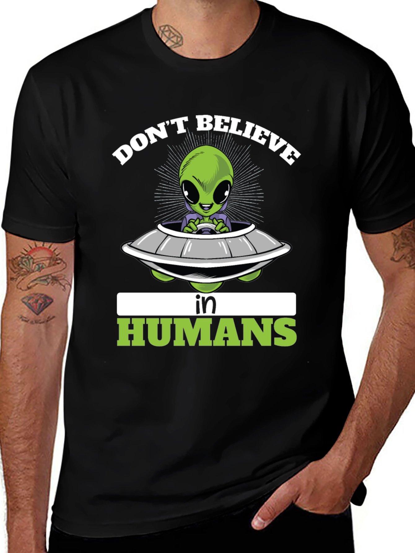 Don't Believe in Humans T-Shirt - Alien Spaceship Graphic