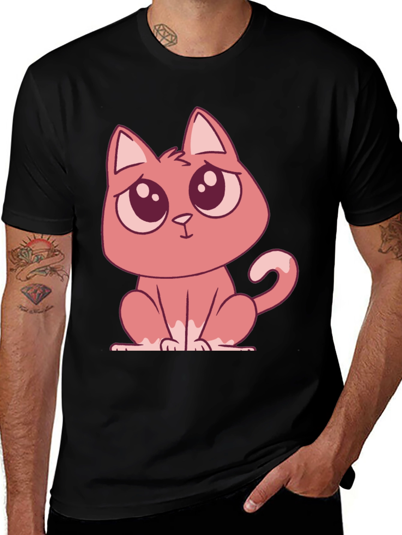 Variant 30 of Cute Cartoon Cat Graphic Tee - Black T-Shirt