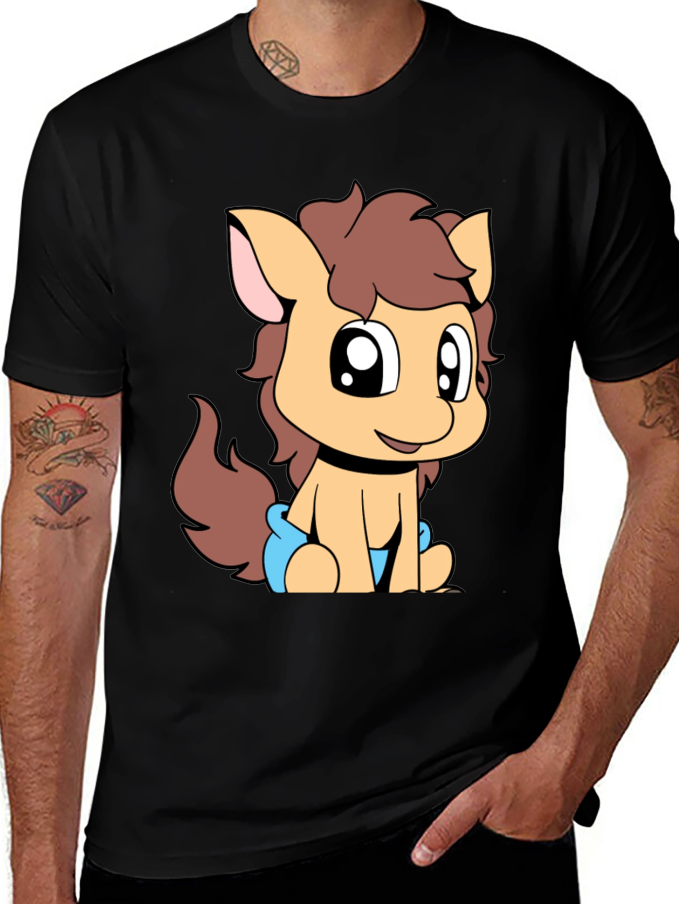 Cute Pony Graphic Tee - Black Cotton T-Shirt