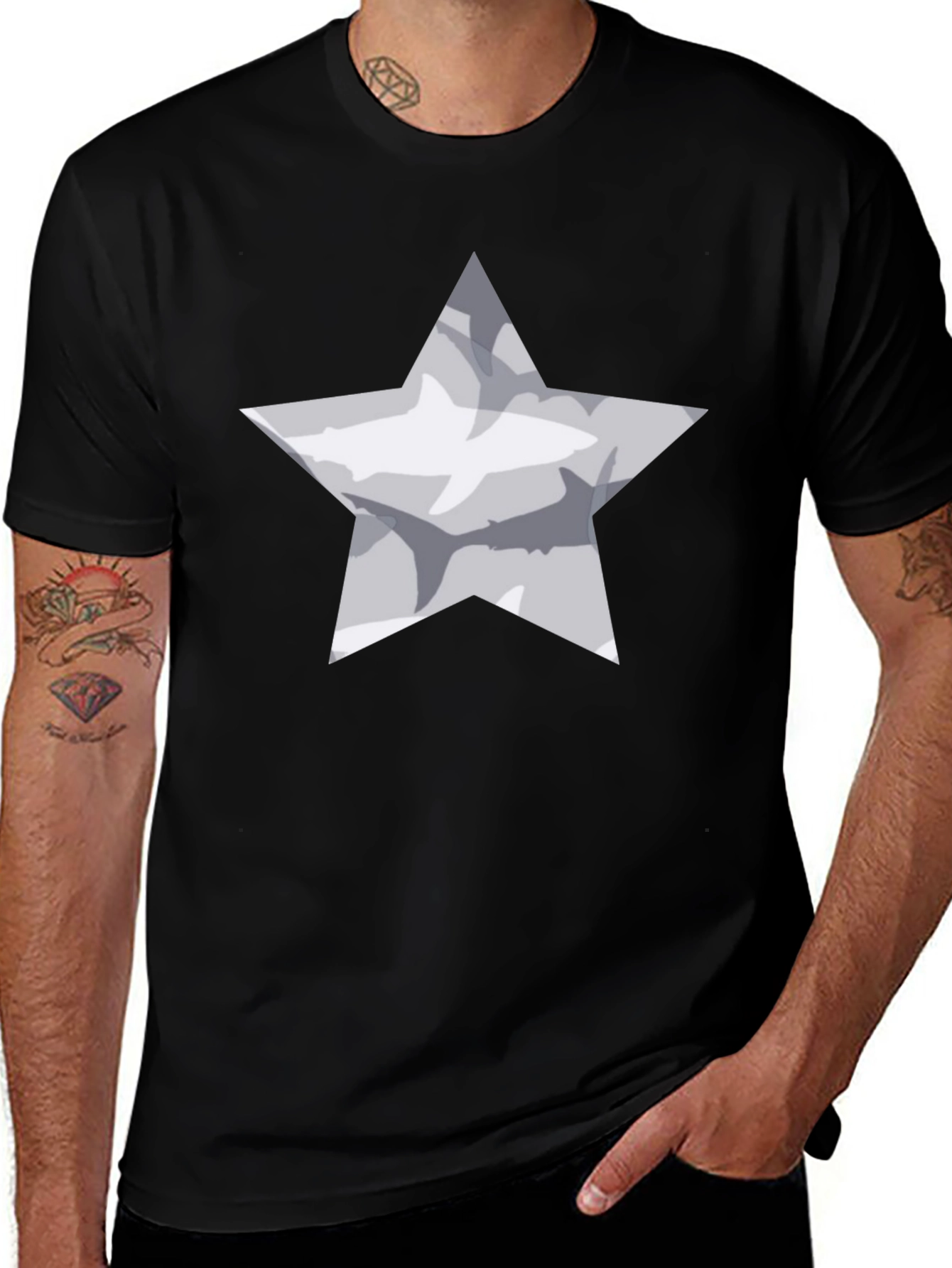 Variant 25 of Star Shark Graphic Tee - Black Cotton Blend