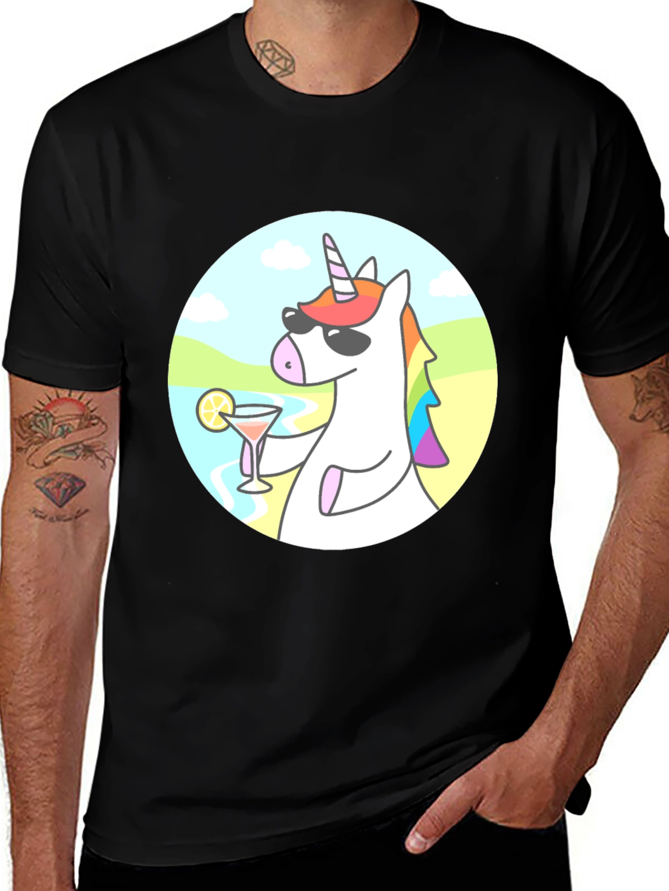Variant 5 of Cool Unicorn Cocktail T-Shirt - Black Cotton Graphic Tee