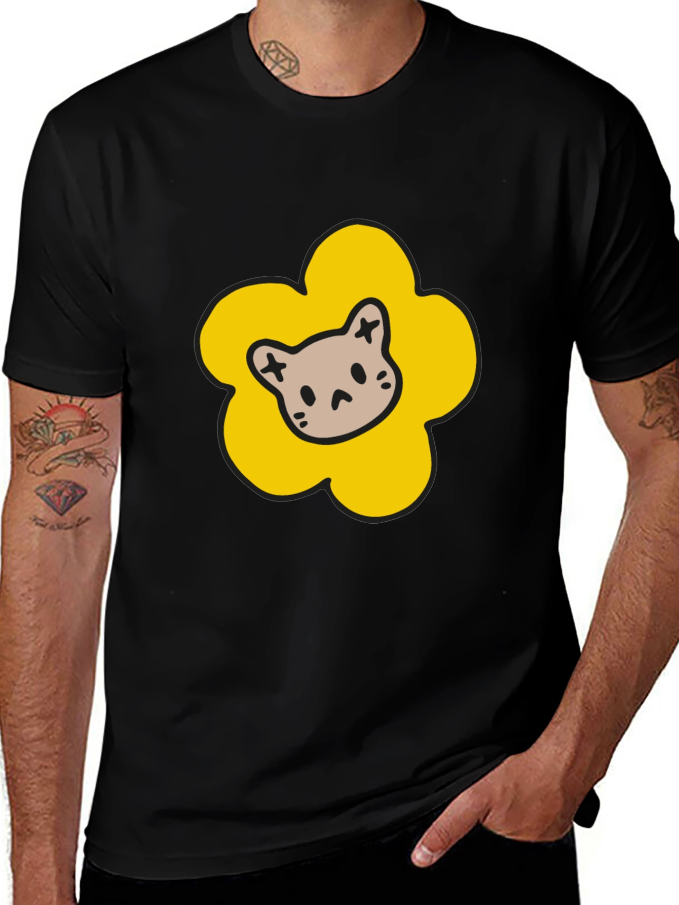Variant 12 of Cute Cat Flower Black T-Shirt