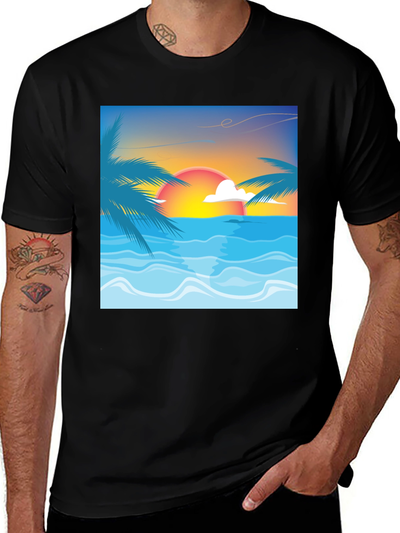 Variant 17 of Sunset Beach Graphic Tee - Black Cotton T-Shirt