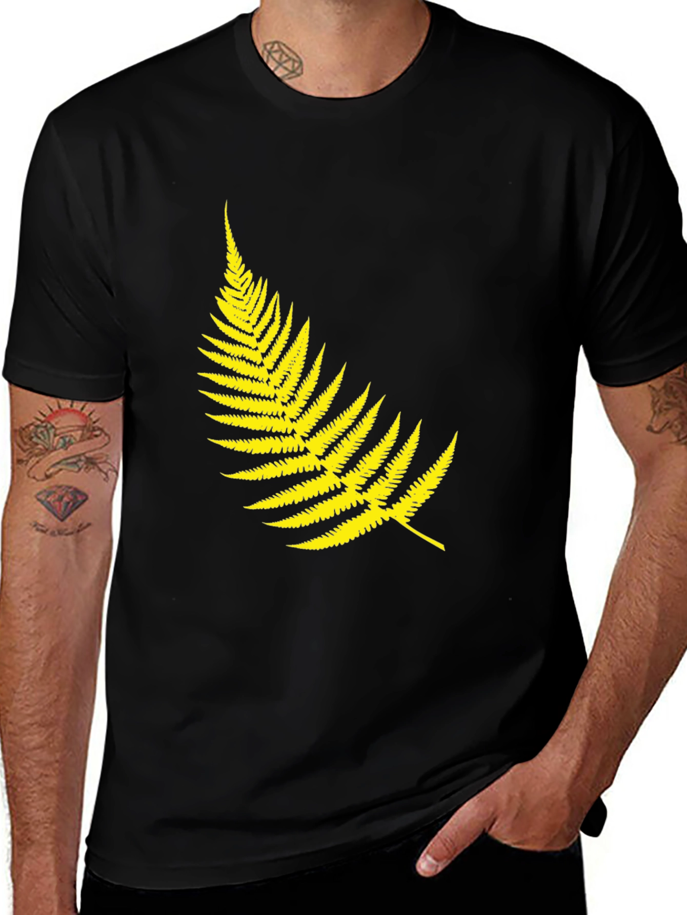 Variant 27 of Men's Black T-Shirt with Yellow Fern Design