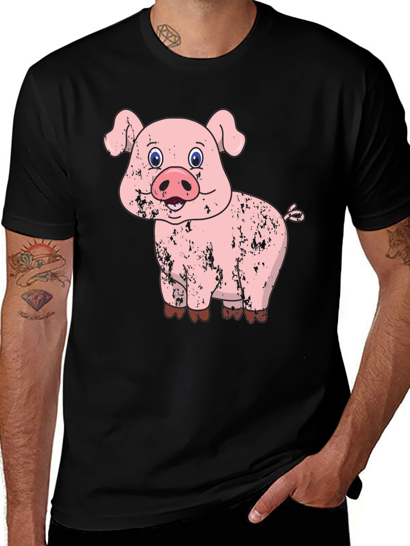 Variant 6 of Pig Graphic Tee - Distressed Cartoon Pig Design
